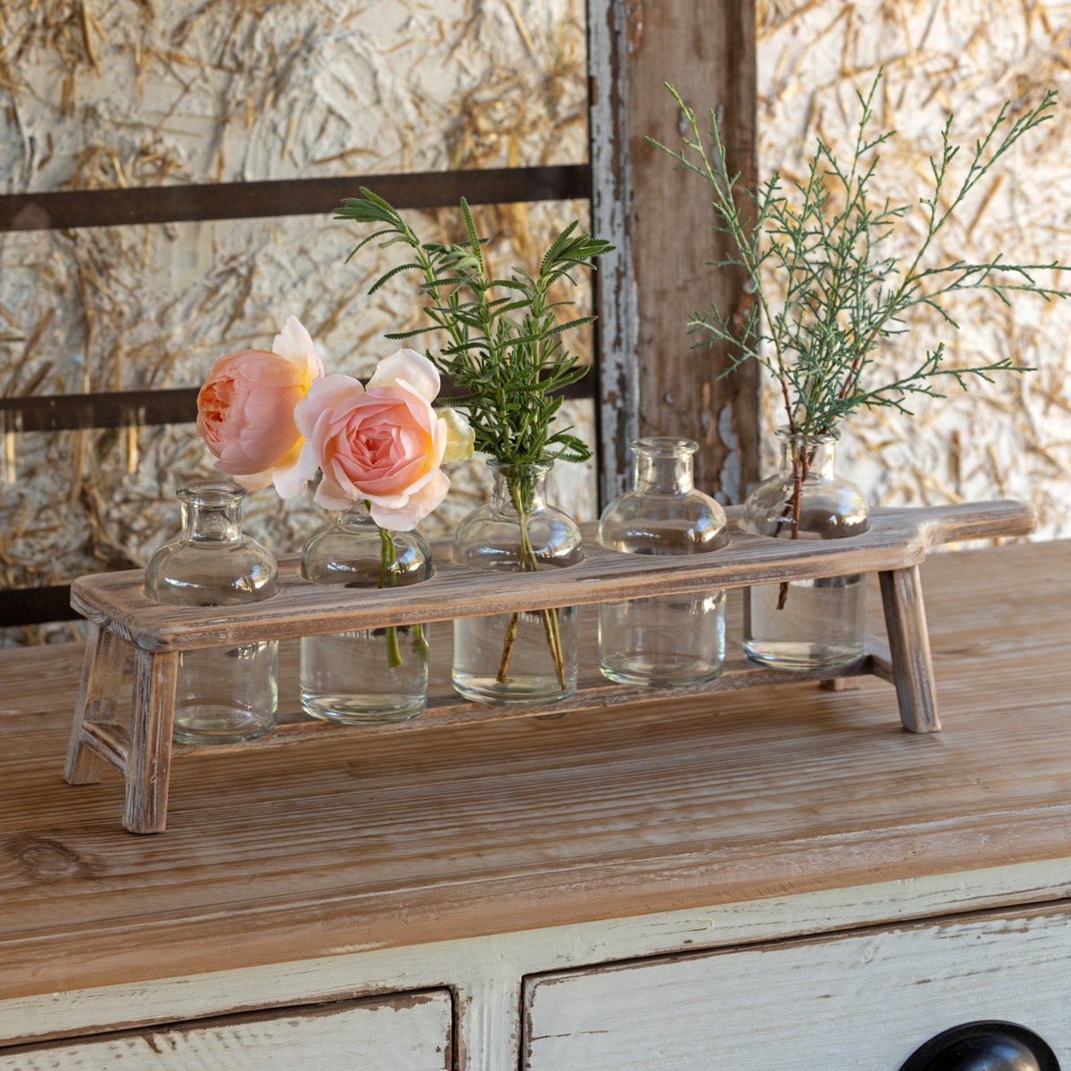 5-Piece Bottle & Board Centerpiece Set - Elegant Wooden Serving Tray with Glass Bottles for Wedding, Party, and Home Decor