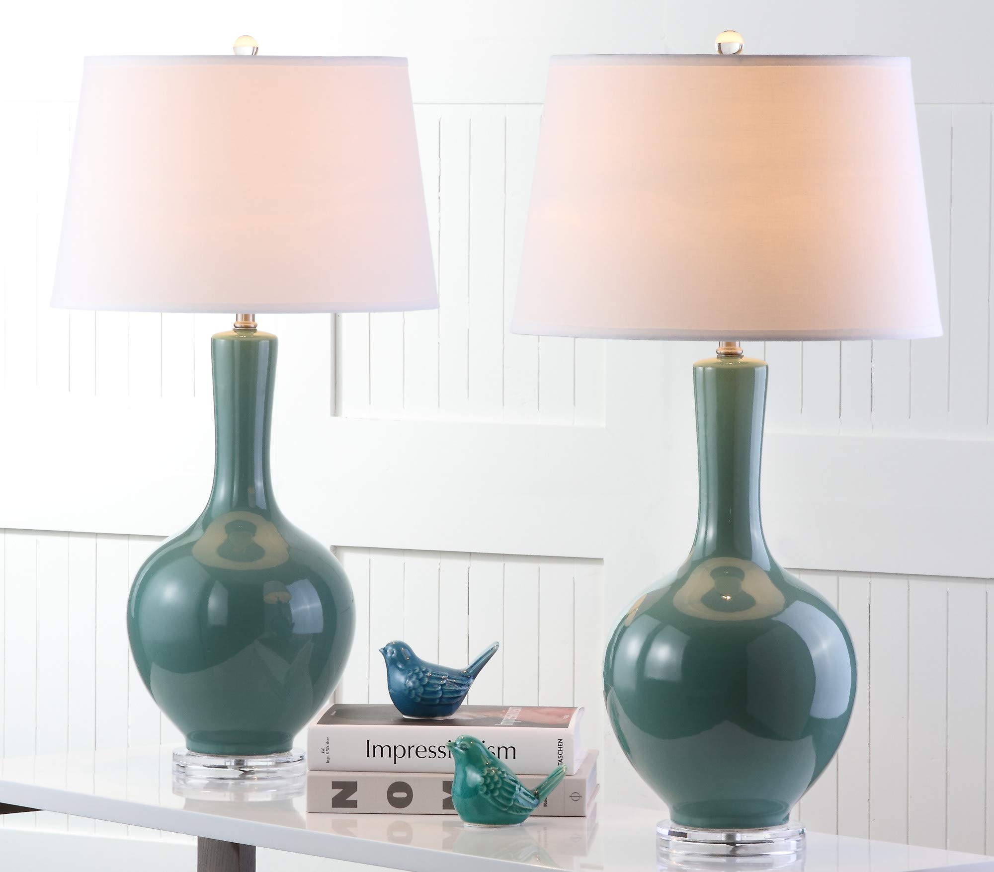 Safavieh Blanche Gourd Teal and White Table Lamp Set of 2 - Modern Ceramic Bedside Lamps for Living Room, Bedroom & Office Decor