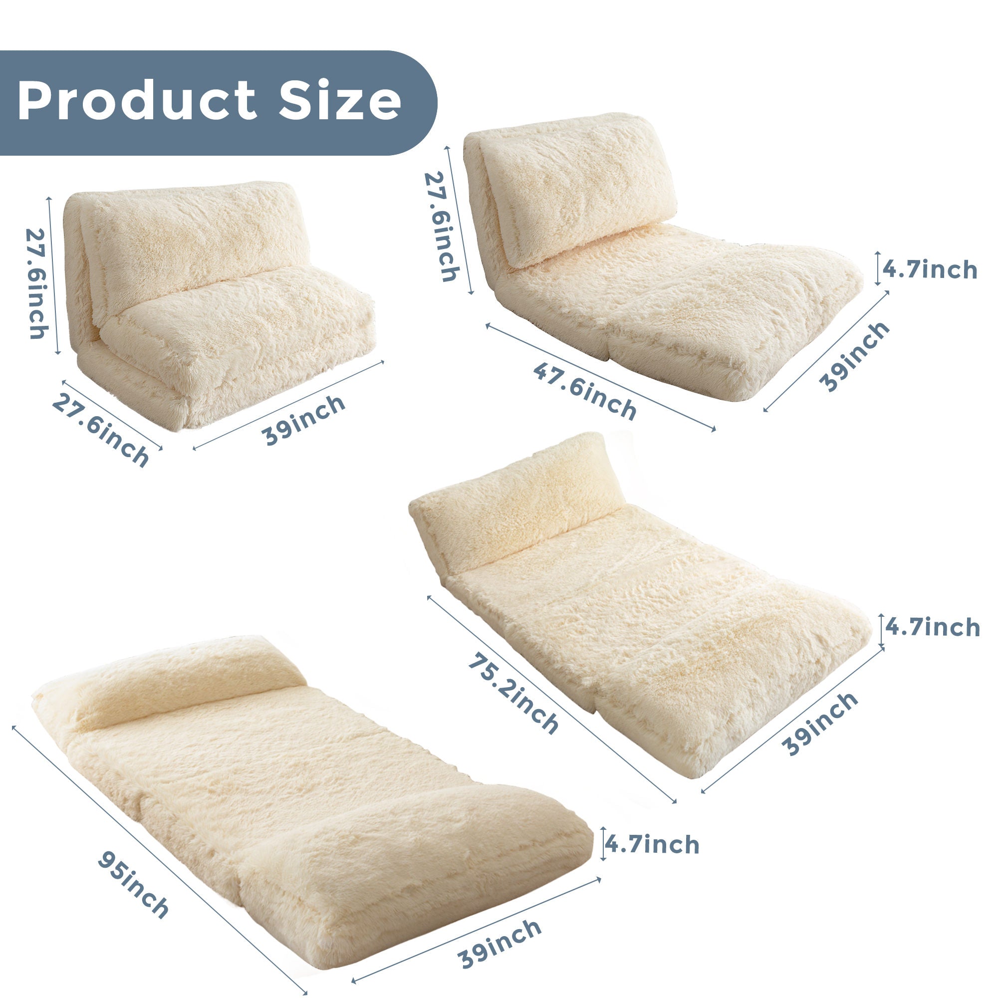 MAXYOYO Folding Bean Bag Sofa Bed - Soft Faux Fur Floor Couch with Foam Filling, Convertible Sleeper Chair in Beige | Perfect for Small Spaces, Living Rooms, Dorms & Movie Nights