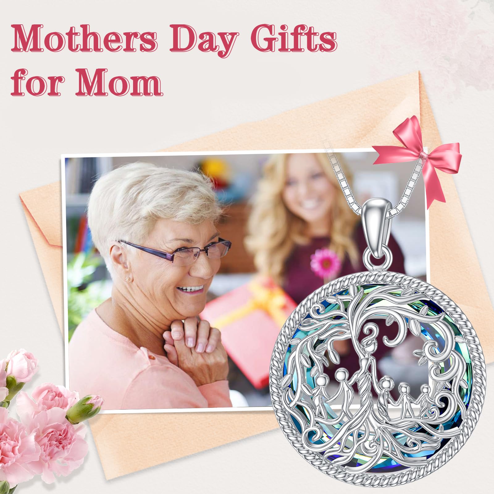 TOUPOP 925 Sterling Silver Family Tree of Life Necklace - Mother & 1-5 Children Crystal Pendant Jewelry | Thoughtful Birthday, Mother's Day Gift for Women, Mom, Grandma | Perfect for Family Reunions, Anniversary Celebrations & Special Occasions