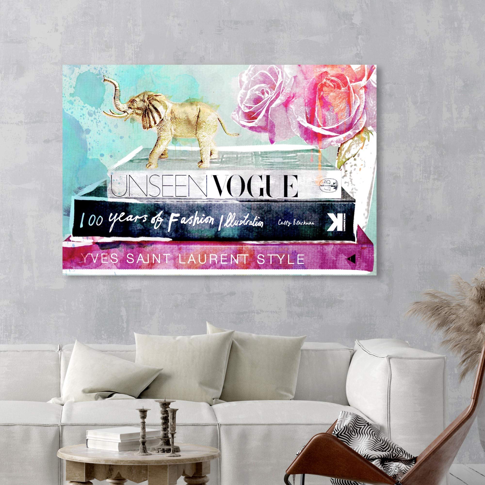 Fashionista Library Wall Art Canvas Print - 54x36 Inches Pink & Blue Fashion Book Decor for Living Room, Bedroom, Office