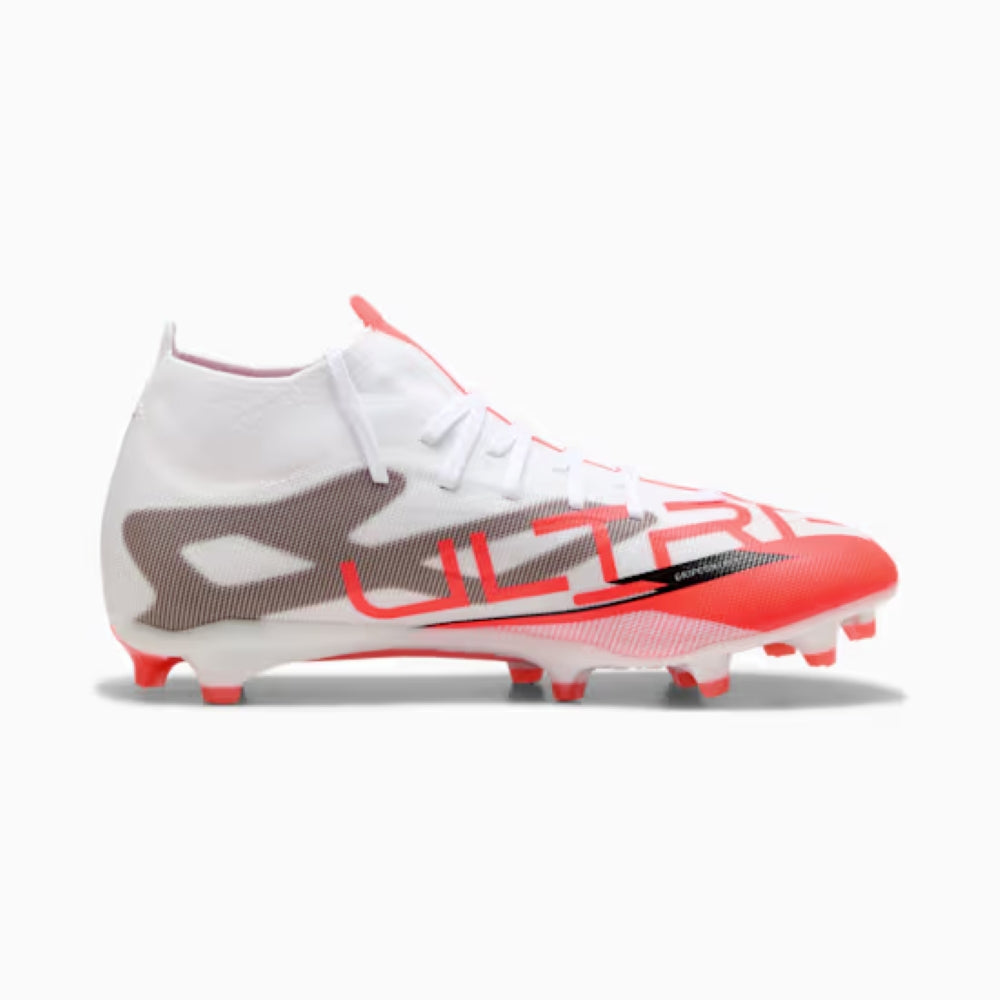 Puma Ultra 5 Match+ FG/AG Soccer Cleats for Men - White/Black/Glowing Red - Lightweight Football Boots for Artificial Grass & Firm Ground - Perfect for Match Play & Training Sessions