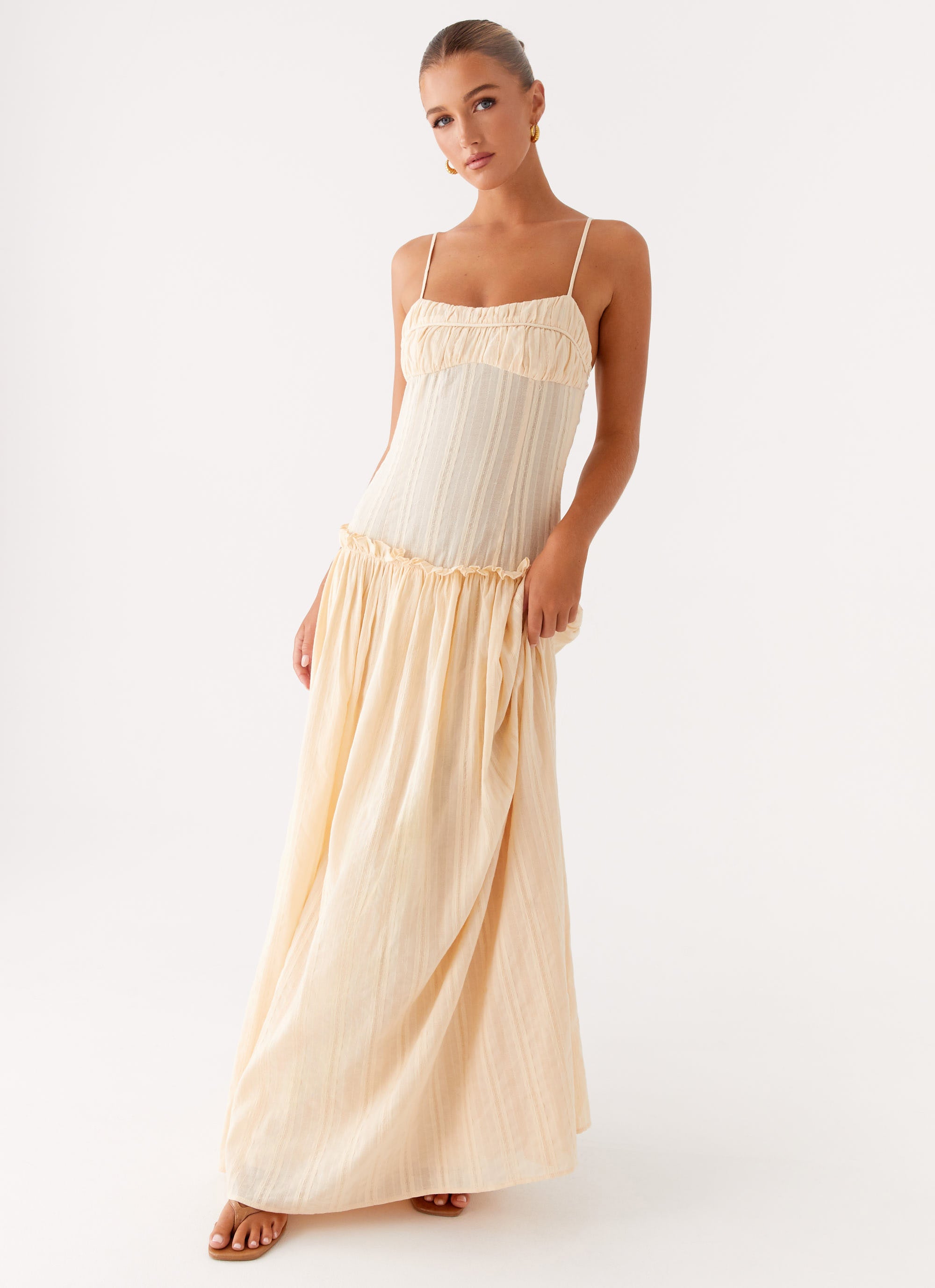 Jacinda Drop Waist Maxi Dress - Elegant Cream Flowy Long Dress for Women | Perfect for Weddings, Beach Vacations & Summer Parties