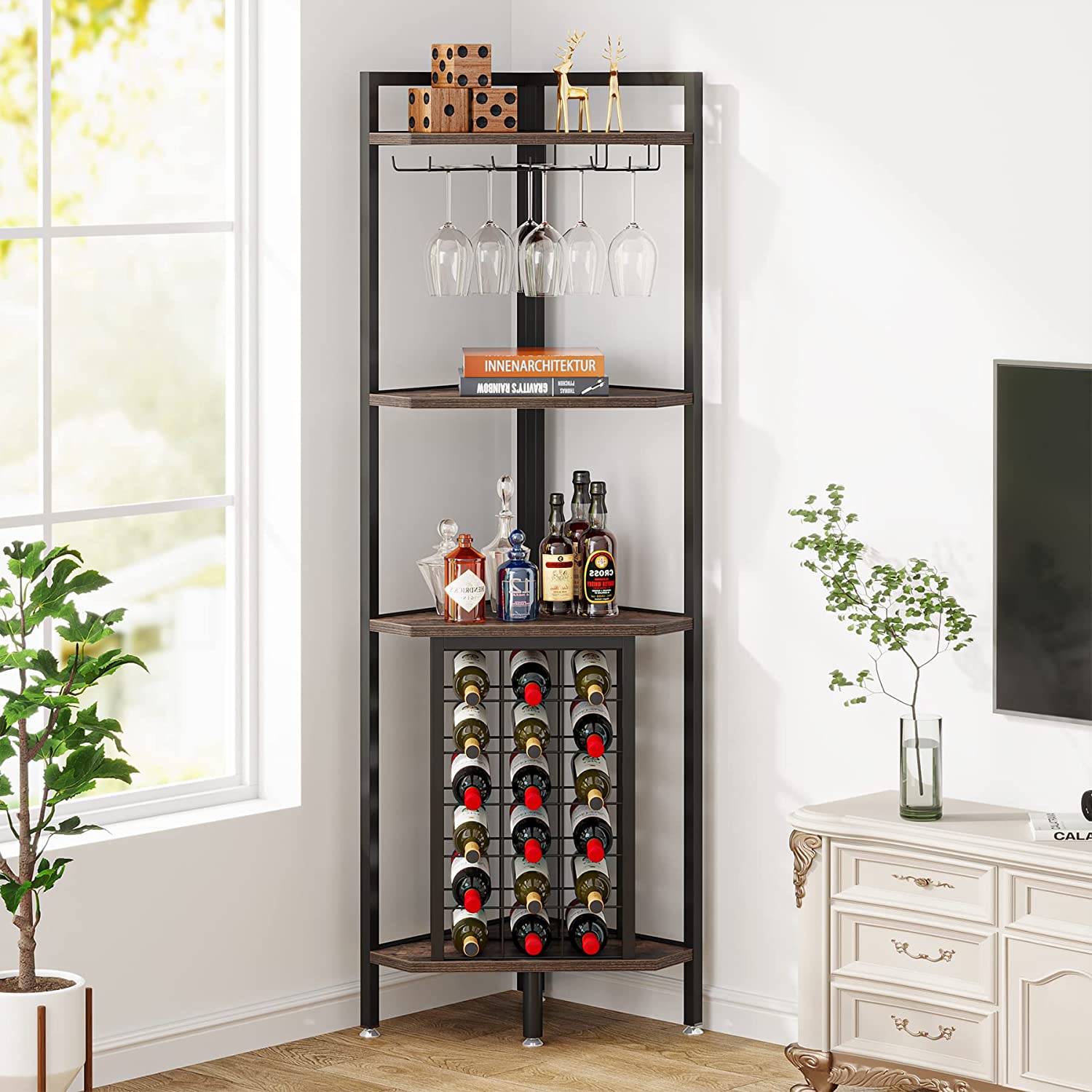 4 Tier Corner Wine Rack with Glass Holder & Storage Shelves - Space Saving Wine Storage for Kitchen, Bar, Dining Room & Home Decor