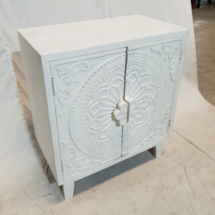 French Hand Carved Buffet Cabinet Sideboard - White Distressed Finish, 81x46x92cm - Vintage Dining Room Storage & Kitchen Buffet for Entertaining