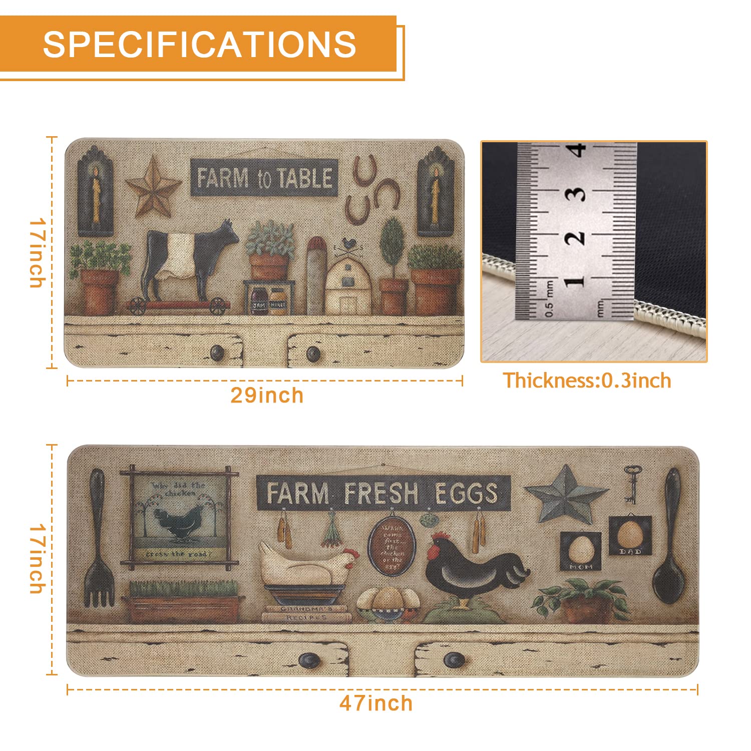 Farmhouse Kitchen Rugs Set of 2 - Non-Slip Washable Rooster Design Kitchen Mats (17x29 & 17x47 Inch) for Farmhouse Decor - Perfect for Country Kitchens, Entryways, and Cozy Home Spaces