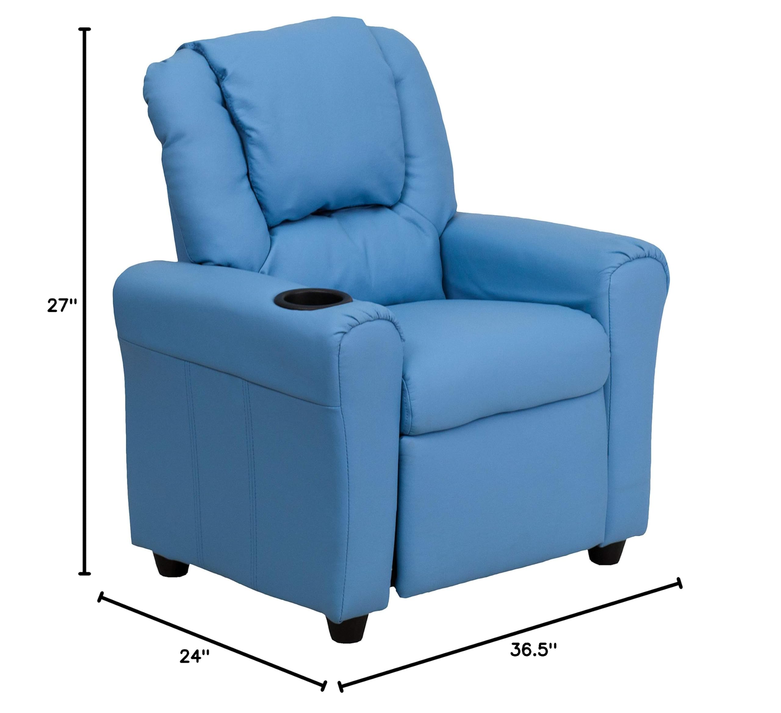 Light Blue Vinyl Kids Recliner Chair with Cup Holder & Headrest - Comfortable Lounge Chair for Children's Bedroom, Playroom or TV Room