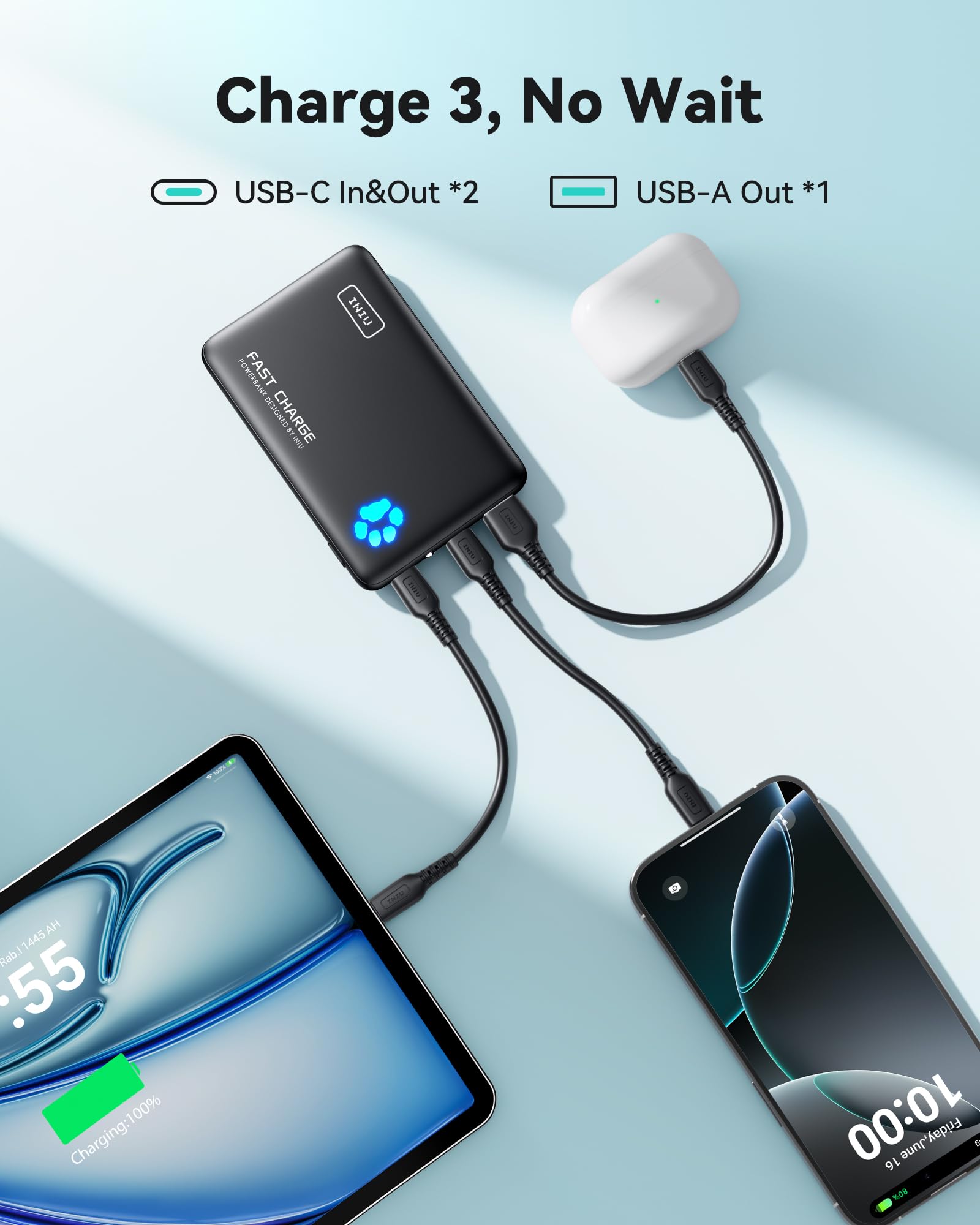 INIU 10000mAh 45W PD Portable Charger - Ultra Light Power Bank with USB C Fast Charging | Compatible with iPhone 16/15/14/13, Samsung S22/S21, Google Pixel, iPad | Perfect for Travel, Camping & Emergency Power Backup