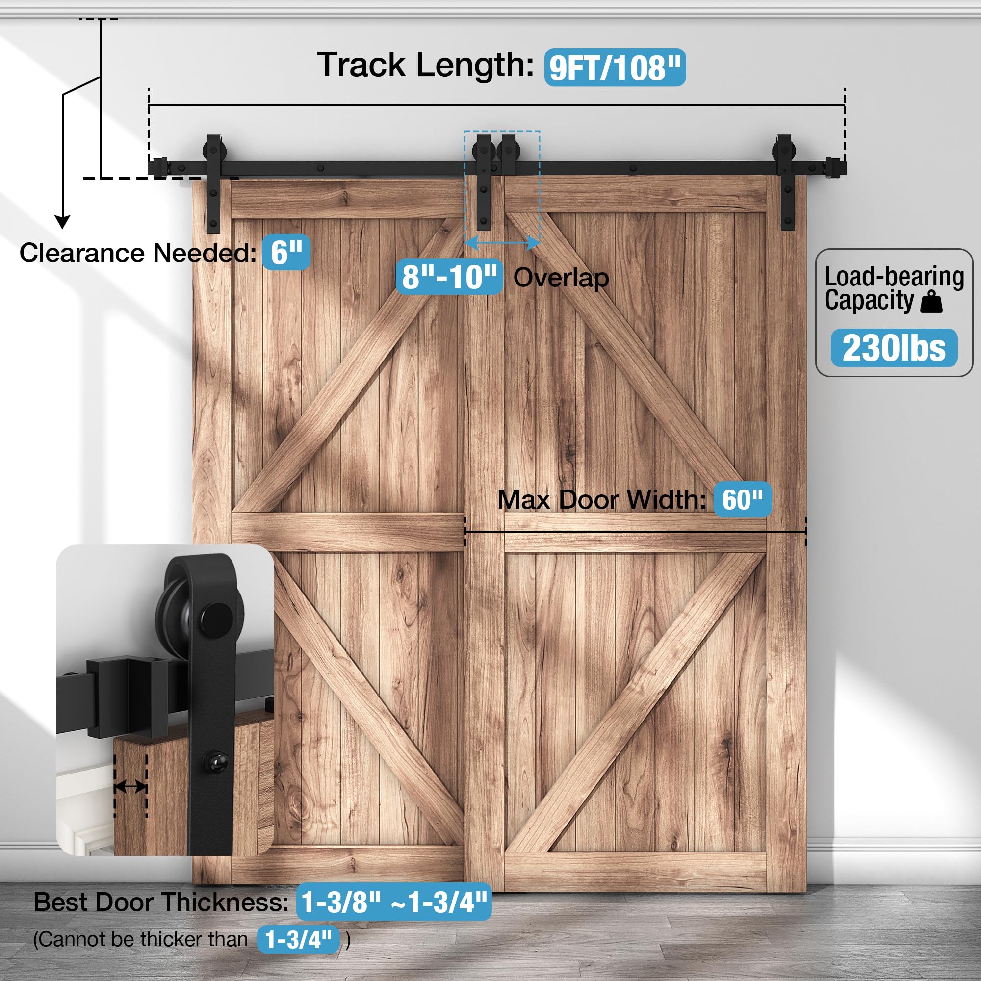 ZEKOO 9FT Single Track Bypass Sliding Barn Door Hardware Kit for Double Doors - Low Profile Flat Track Roller System with J-Shape Hangers | Perfect for Bedrooms, Closets & Farmhouse Style Homes