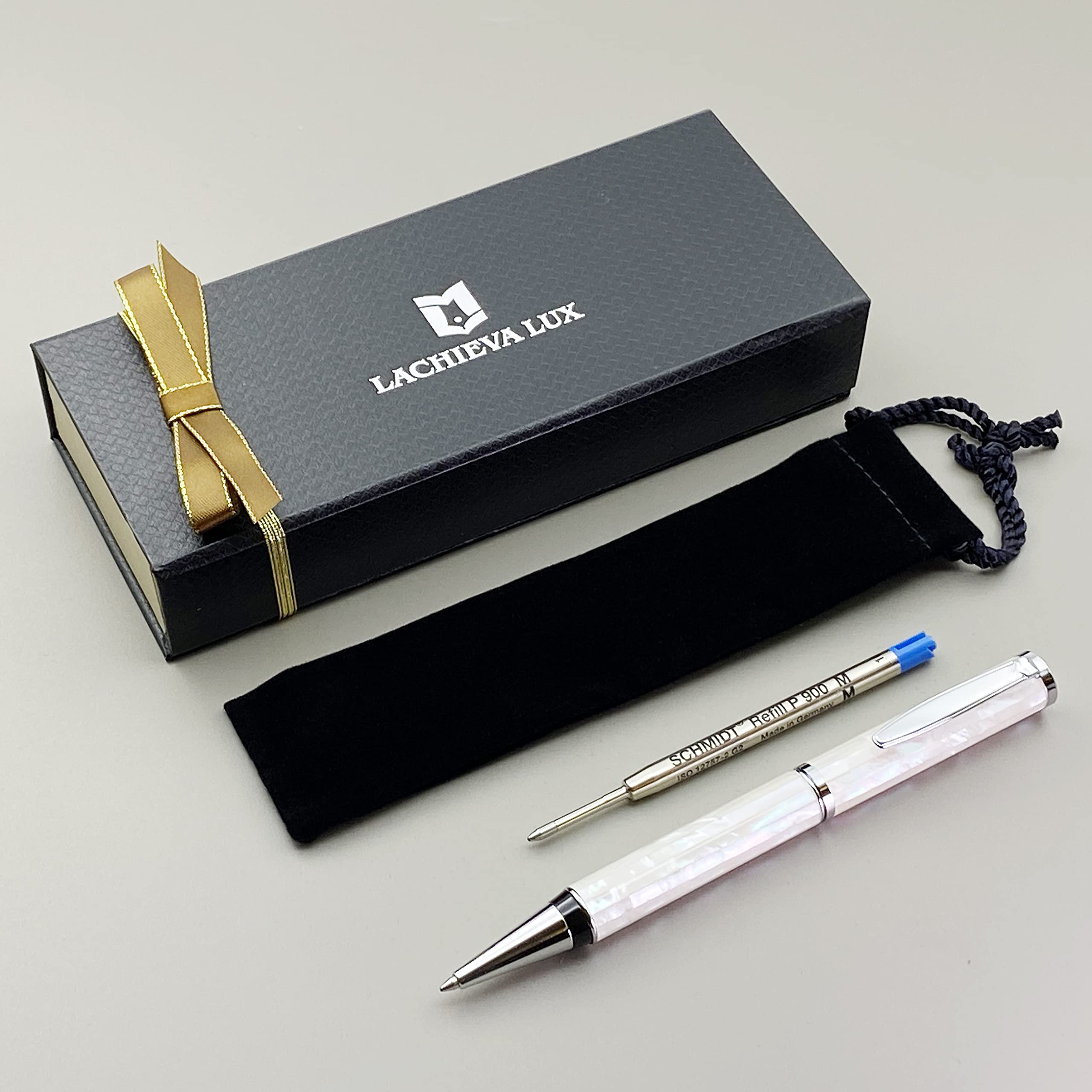 LACHIEVA LUX Handcrafted Mother of Pearl Ballpoint Pen with German P900M Refill - Luxury White Shell Executive Writing Pen for Men & Women in Premium Gift Box - Perfect for Office, Business Gifts & Special Occasions