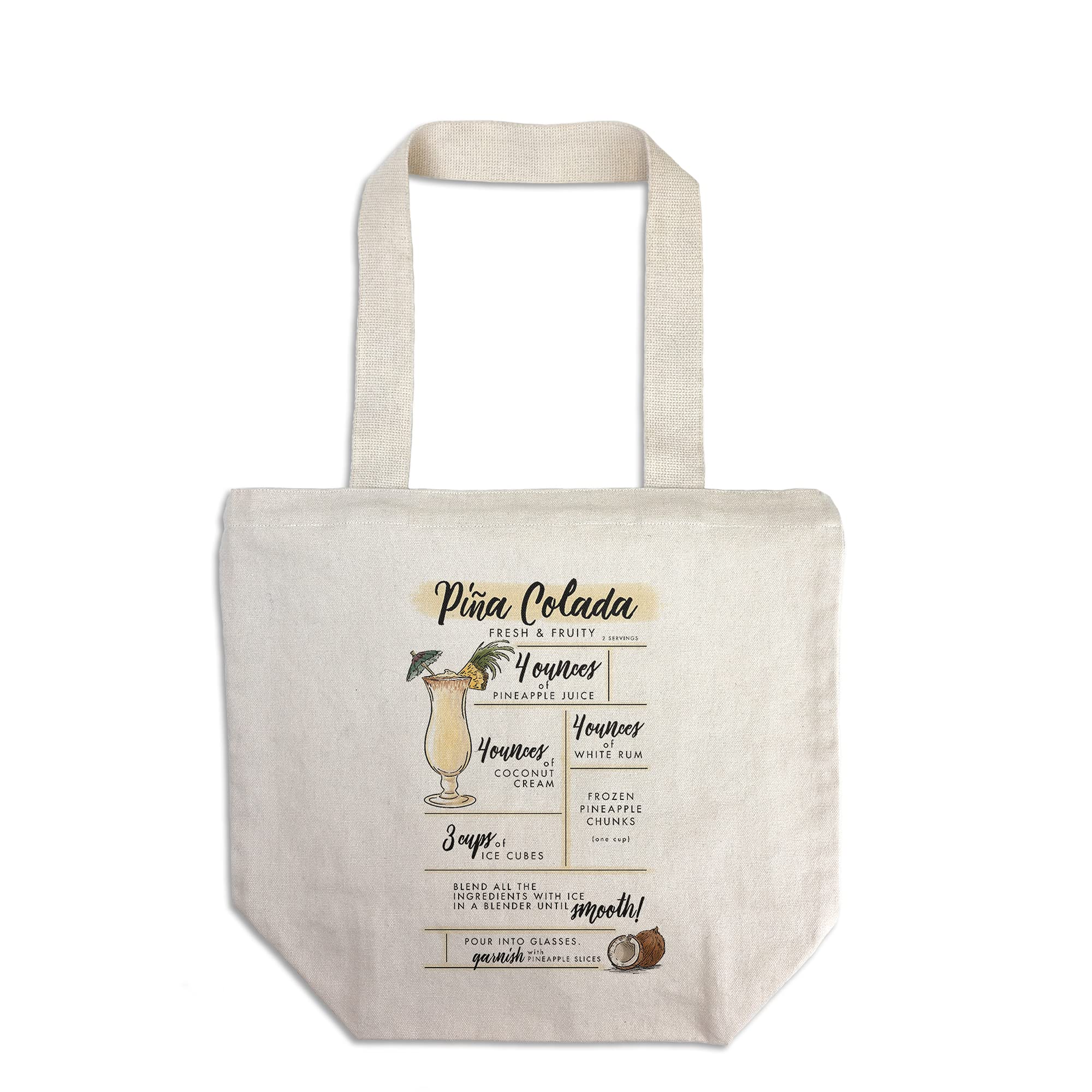 Lantern Press Pina Colada Cocktail Recipe Tote Bag - 100% Cotton Canvas Reusable Shopping Bag for Groceries, Beach & Picnics