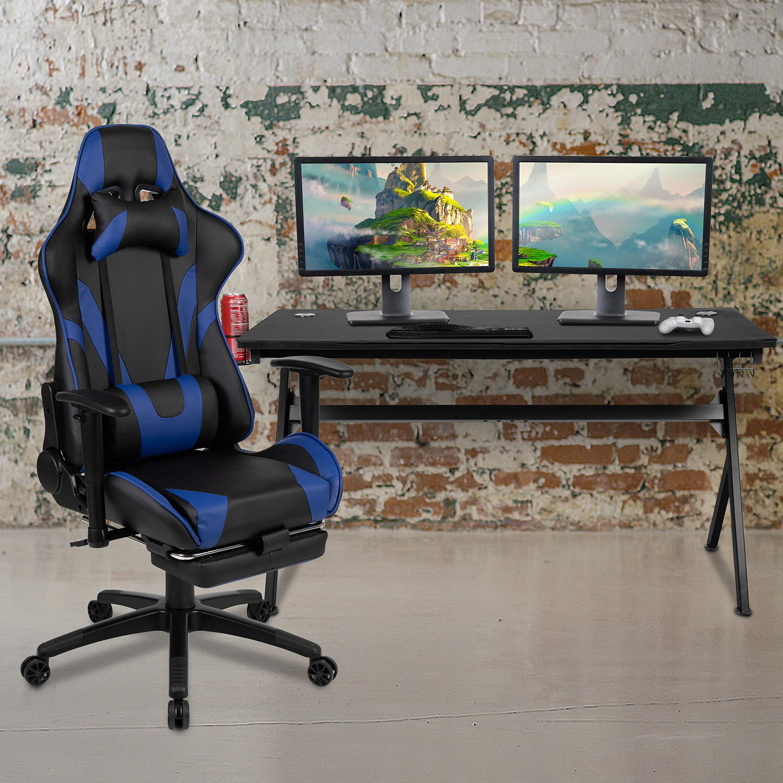 EMMA + OLIVER Black and Blue Gaming Desk Bundle with Cup Holder, Headset Stand & Mouse Pad - Perfect for PC & Console Gaming Setup, Home Office & Streaming Station