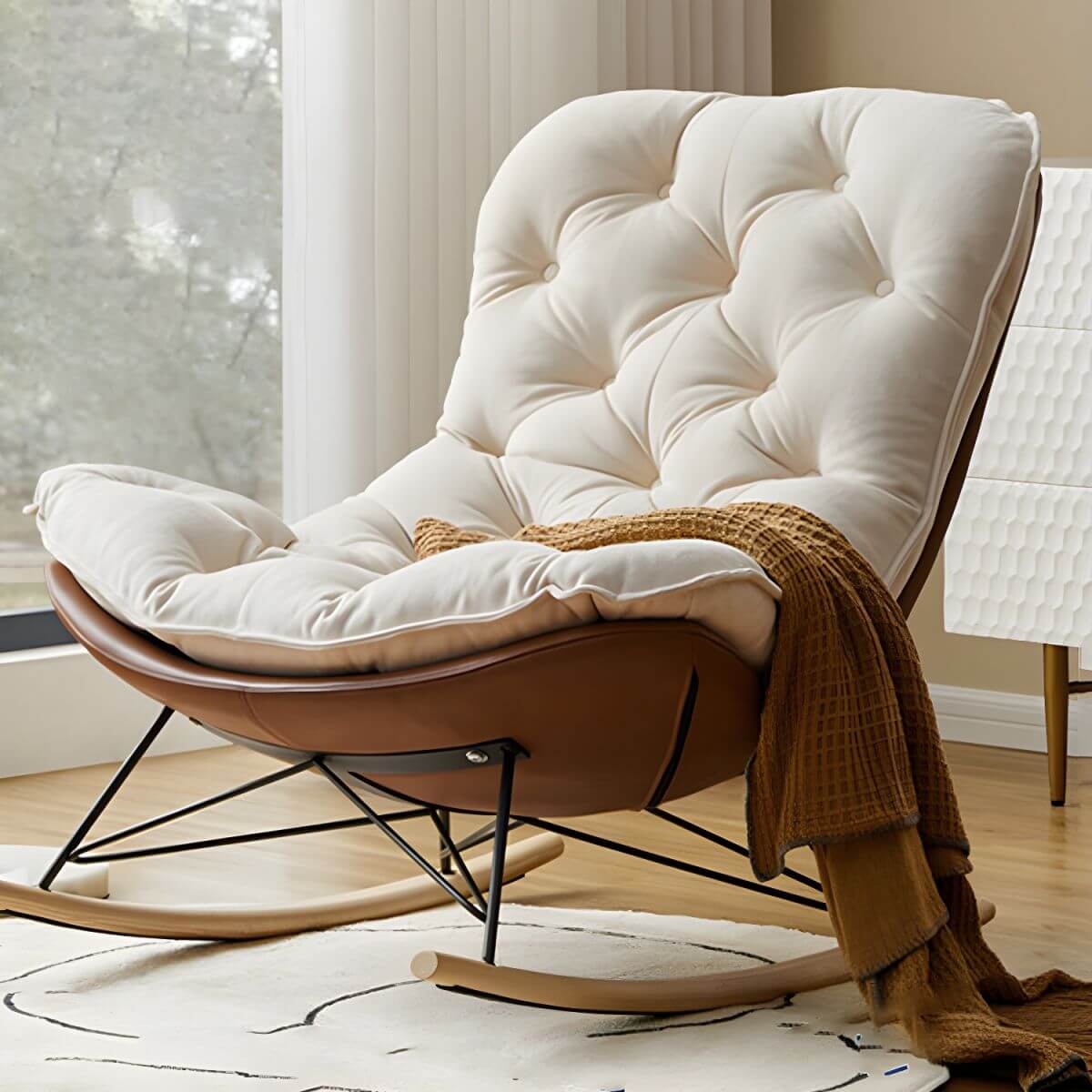 Upholstered Button Tufted Wooden Rocking Accent Chair with Black Legs - Comfortable Nursery Rocker for Baby Room, Living Room & Bedroom
