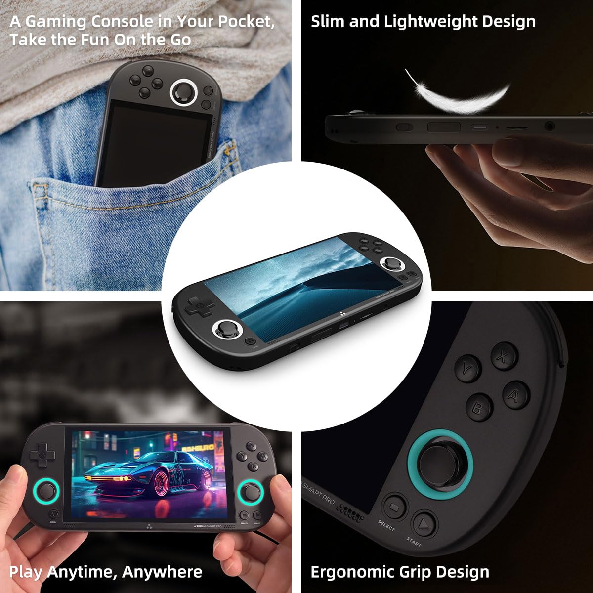 **Smart Pro Retro Game Console - 4.96-Inch 720x1280 IPS Screen, Built-in 64GB TF Card, 5000mAh Battery, Supports Multiple Emulators - Portable Handheld Gaming Device for Travel & Home Entertainment (Black)**    **Usage Scenarios:** Perfect for nostalgic gaming on the go, long flights, road trips, or cozy home gaming sessions with classic titles.