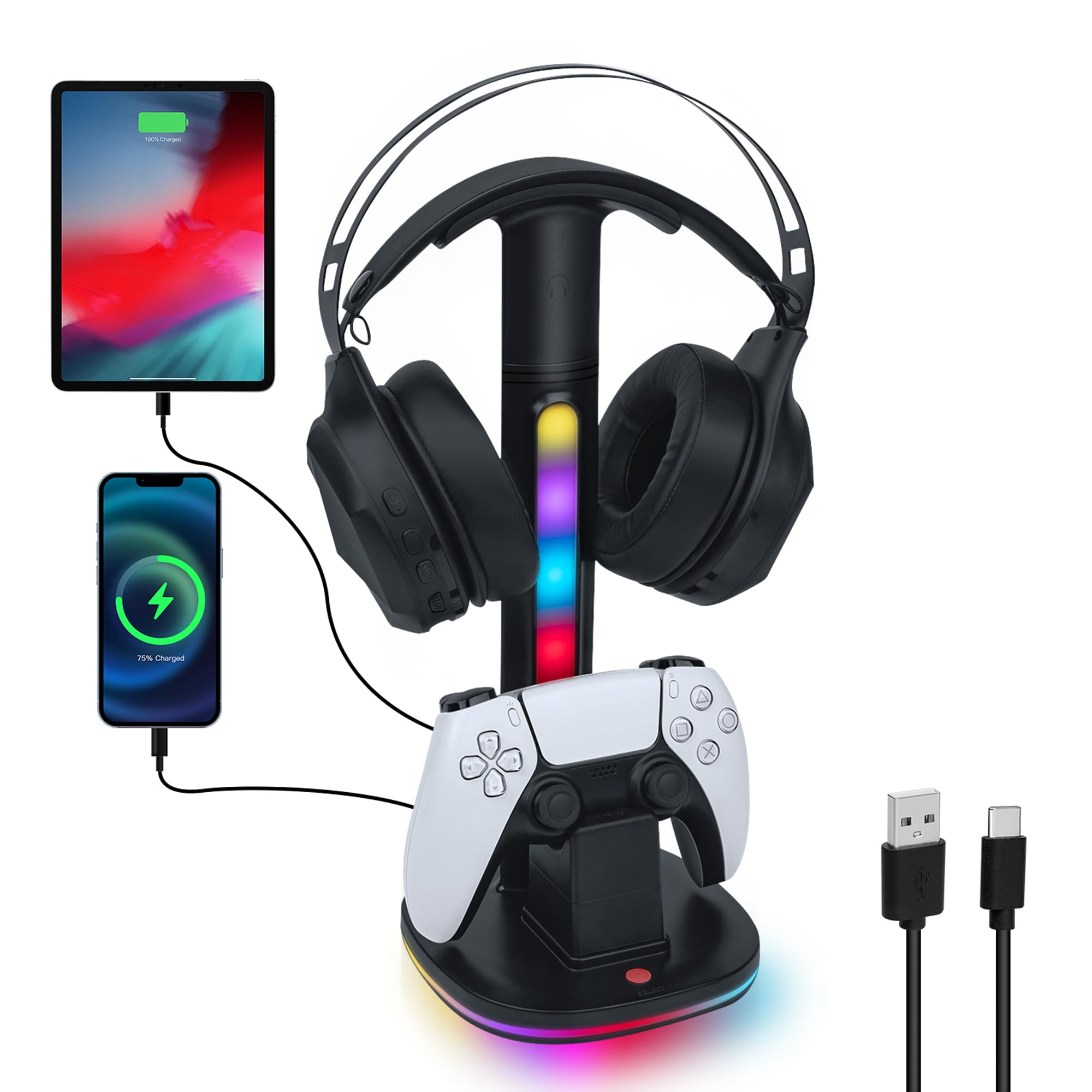 PS5 Headset Stand with RGB Charging Dock for DualSense & Edge Controllers - 2 USB Ports, Black | Gaming Accessory for Organized Playstation 5 Setup