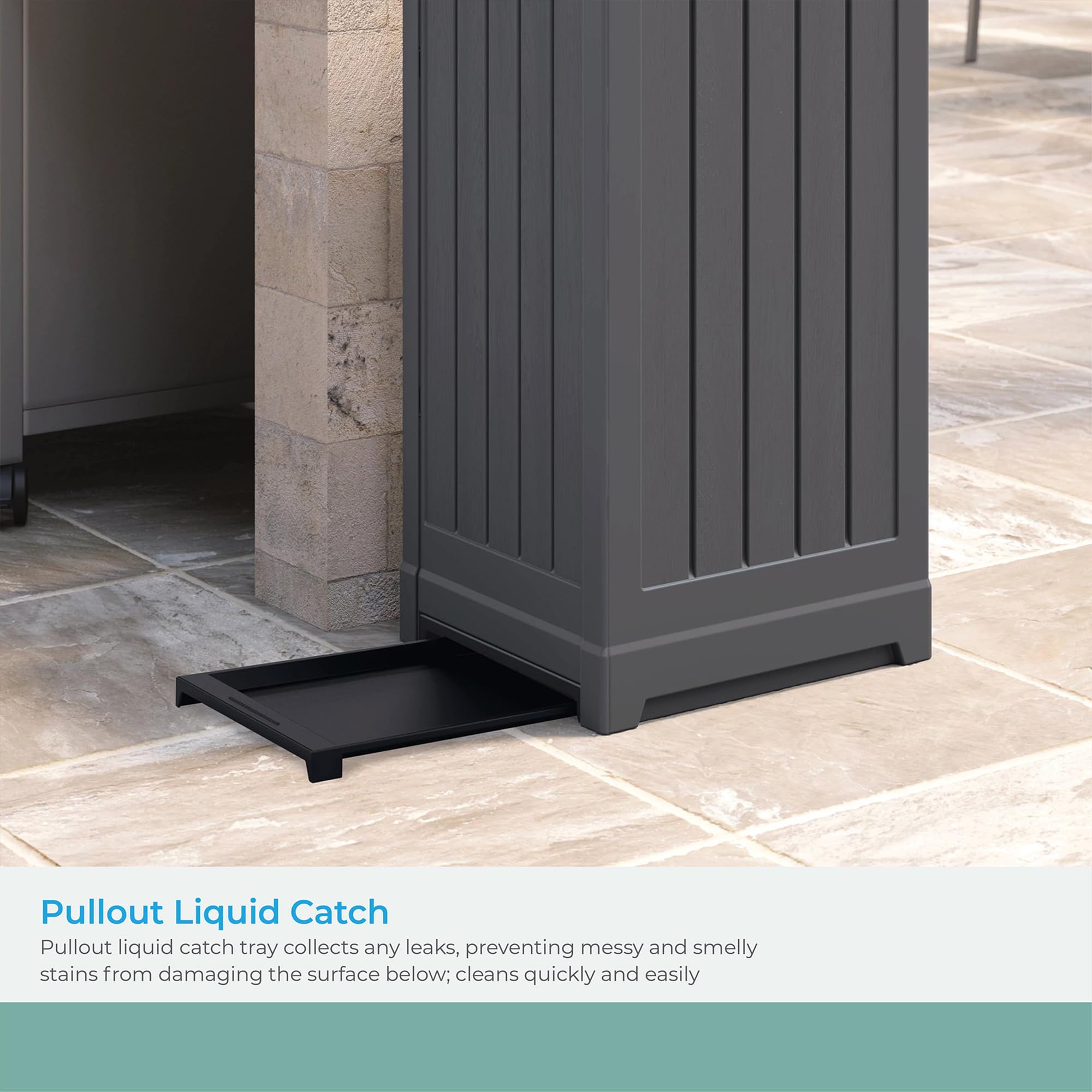 Suncast 39 Gallon Outdoor Trash Hideaway - Peppercorn Deck Waste Bin with Latching Lid, Liquid Tray & Handles | Durable Patio Garbage Can with Trash Bag Holder | Perfect for Backyard, Poolside & Outdoor Entertaining Areas