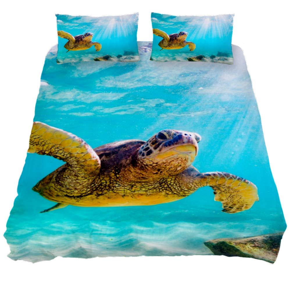 Hawaiian Green Sea Turtle Duvet Cover Set King Size 102x90 Inches - 3 Piece Comforter with 2 Pillowcases, Tropical Ocean Theme Bedding for Beach House & Coastal Decor