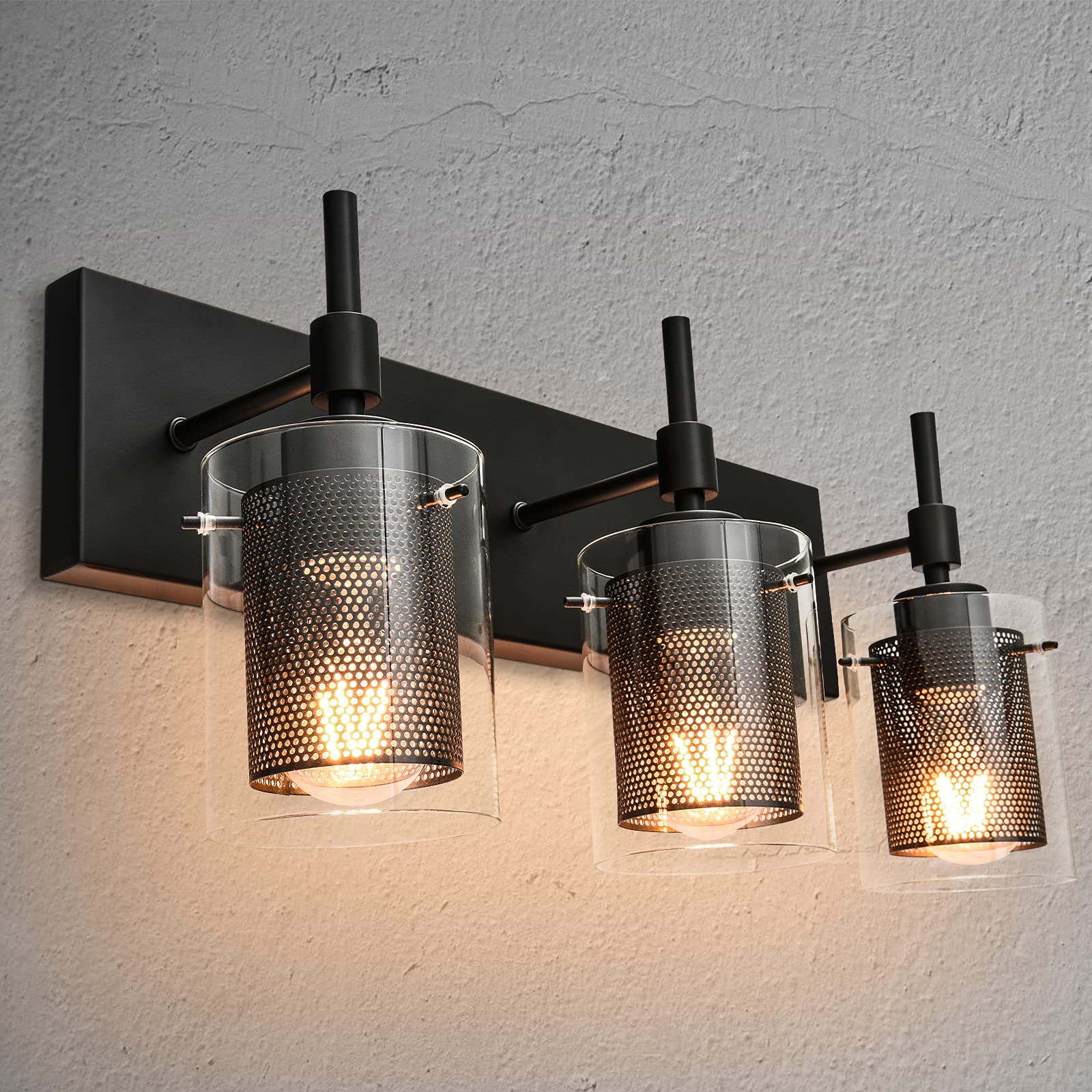 Zicbol Black Vanity Light Fixture - 3-Light Bathroom Wall Sconce with Clear Glass & Metal Mesh - Modern Lighting for Bathroom, Bedroom, Living Room, Kitchen & Hallway | Perfect for Vanity Mirror, Makeup Area & Home Decor