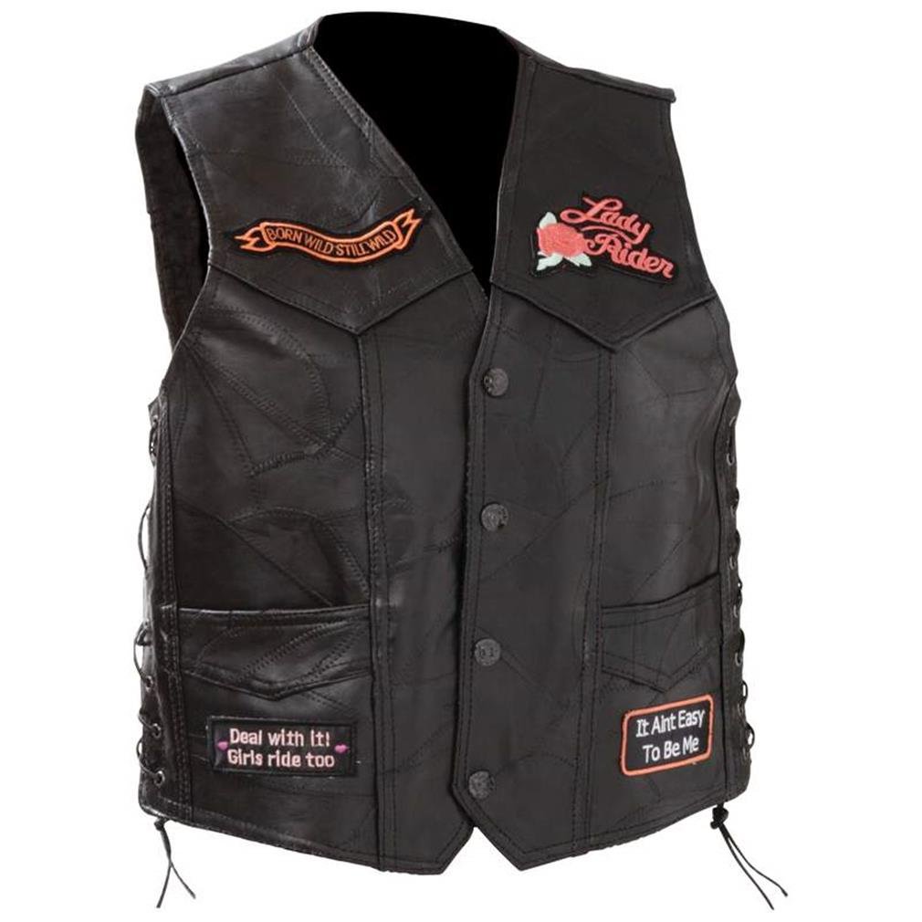 Women's Genuine Leather Vest with Diamond Plate & Rock Design Patches - Biker Jacket for Motorcycle Riding, Concerts & Punk Fashion