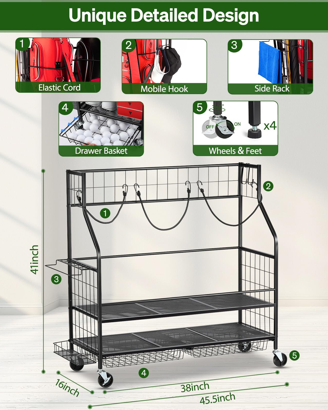 3 Golf Bag Storage Organizer with Wheels - Heavy Duty Golf Bag Stand Holds 3 Golf Bags, Clubs & Accessories - Portable Golf Equipment Rack for Garage, Basement, Shed & Club Storage (Ideal for Home & Golf Course Use)