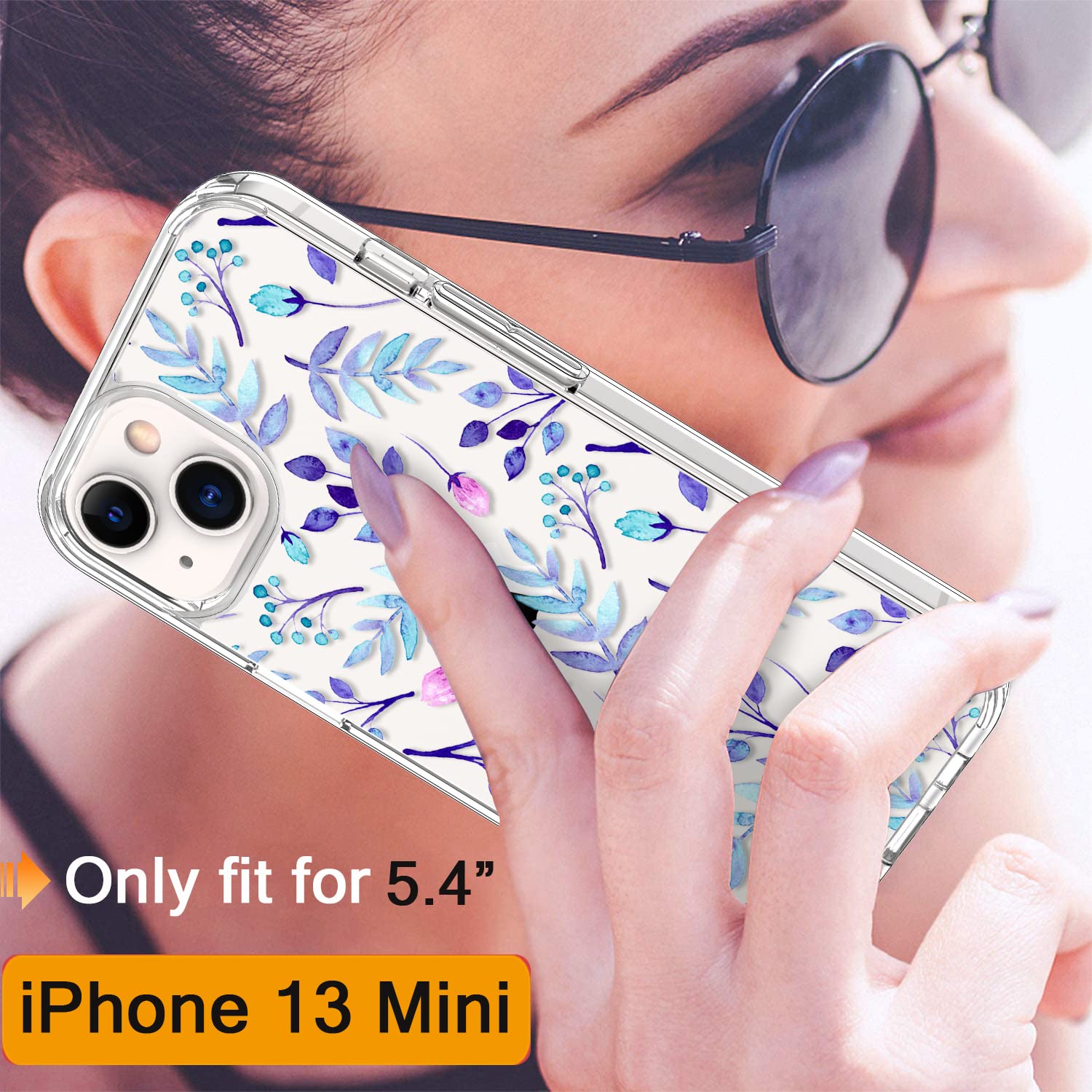 GiiKa iPhone 13 Mini Case with Screen Protector - 5.4 Inch Clear Full Body Shockproof Protective Case for Women, Floral Design Hard Case with TPU Bumper Cover - Perfect for Everyday Use, Travel & Outdoor Activities (Blue Floral)