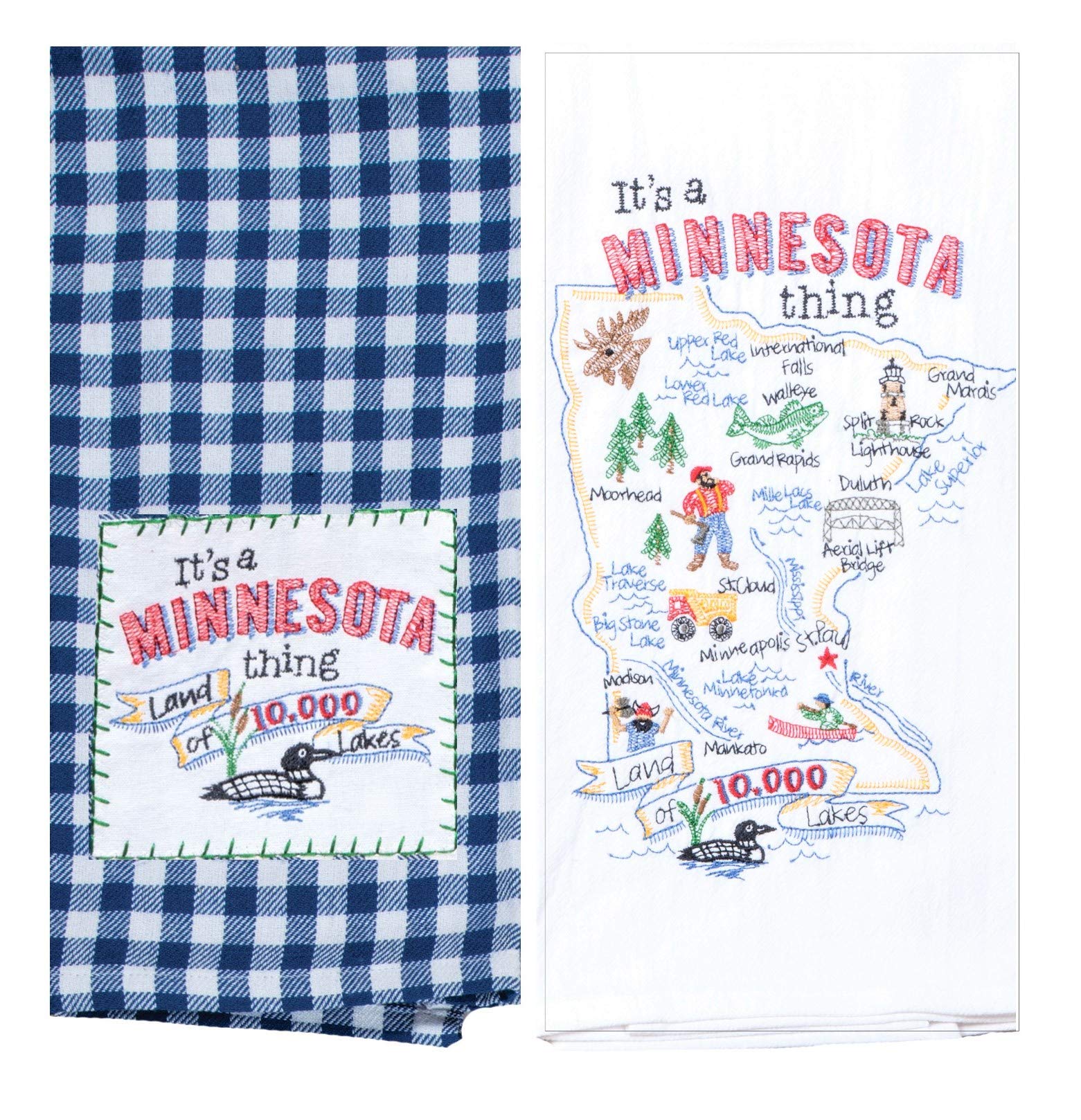 Minnesota Map Embroidered Dish Towels - Set of 2 State Souvenir Kitchen Towels | Kay Dee Designs | Perfect for Home Decor, Gifts & Minnesota Pride