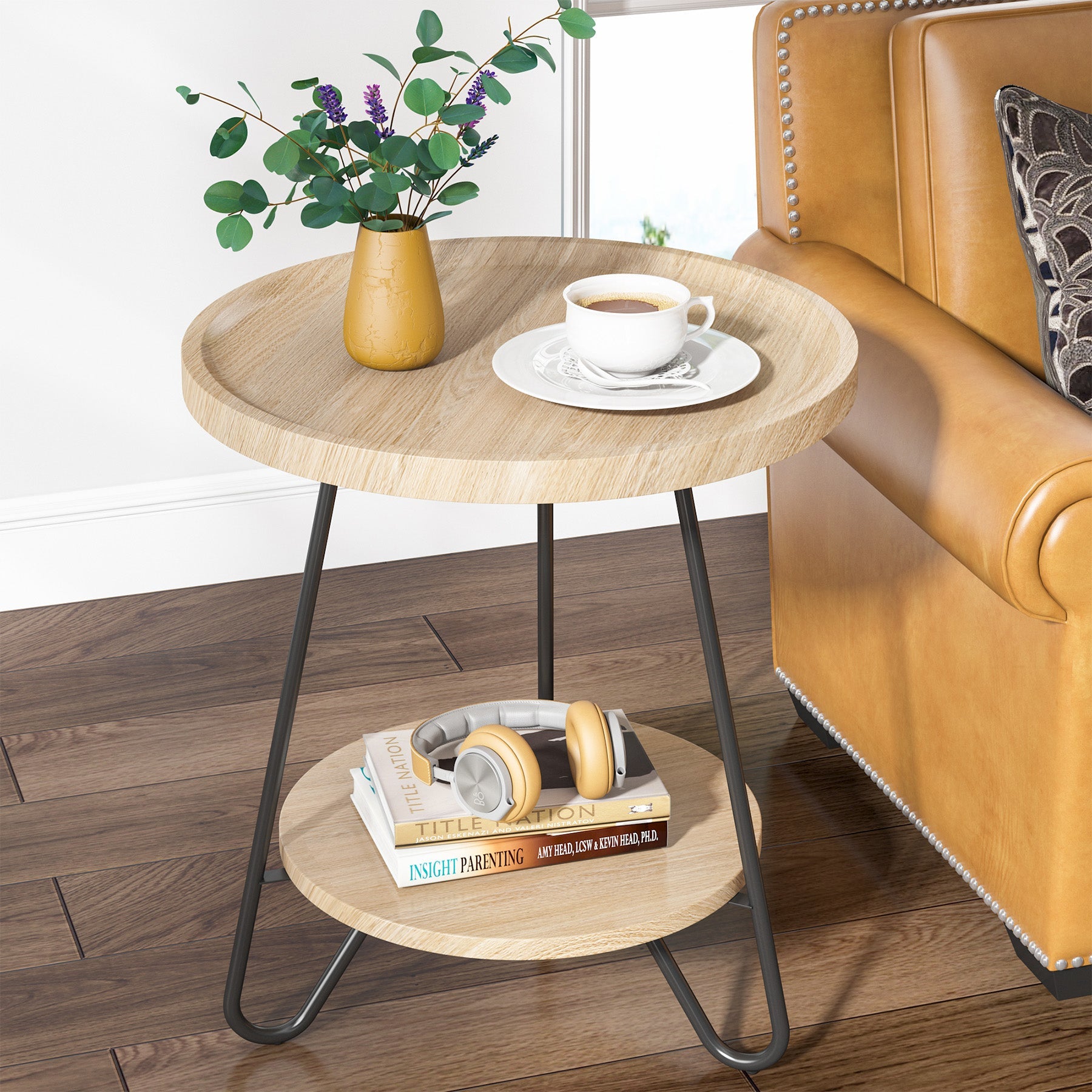 Round End Table with Metal Legs - 2 Tier Side Table for Living Room, Bedroom & Office - Modern Accent Table for Small Spaces & Home Decor