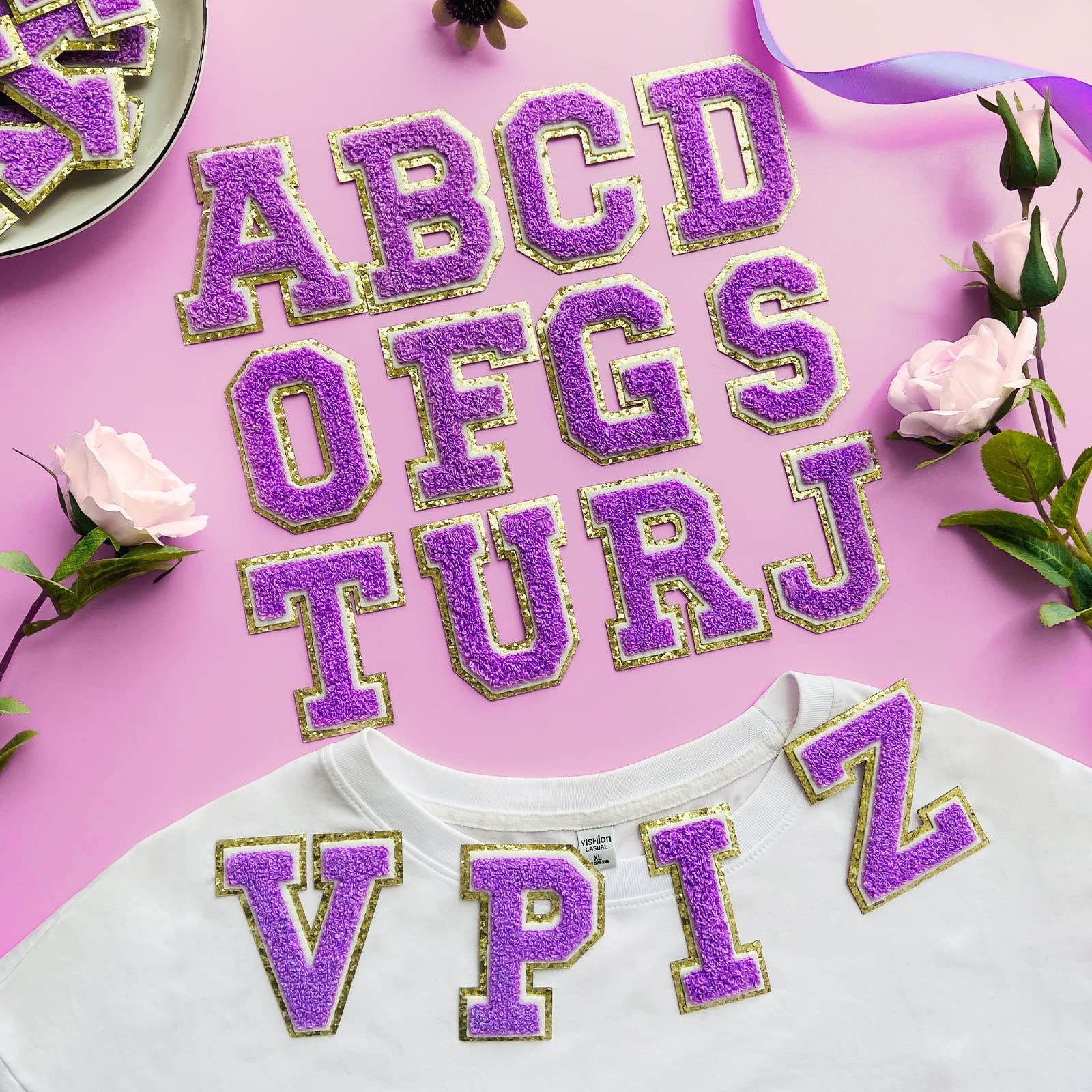 8 Pcs Chenille Iron-On Letter Patches for Clothing - Varsity Style Glitter Alphabet Appliques (Purple D) - Perfect for DIY Jackets, Hats, Bags & School Spirit Crafts
