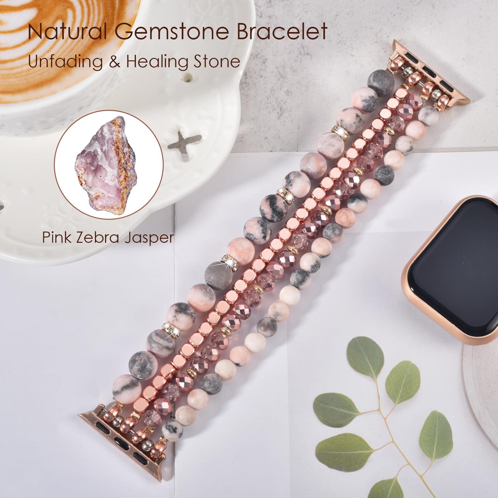 Natural Stone Beaded Stretch Bracelet Compatible with Apple Watch 38mm/40mm/41mm/42mm/44mm/45mm - Handmade Adjustable Strap for Women, iWatch Series 9/8/7/6/5/4/3/2/1/SE - Perfect for Work, Yoga & Everyday Fashion Accessory
