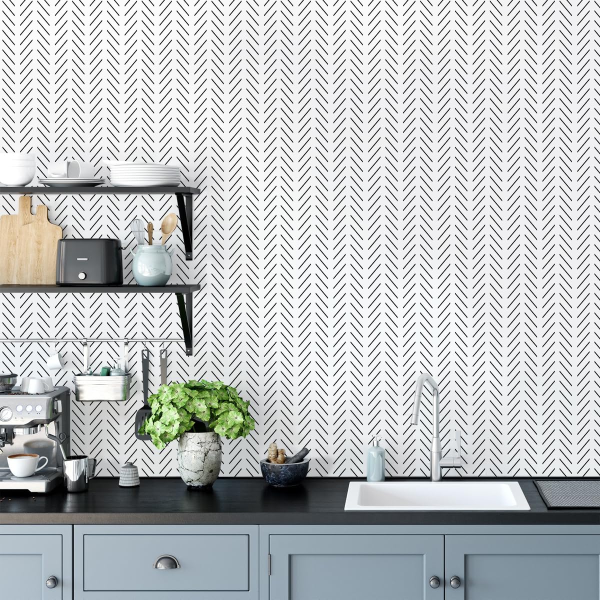 Modern Black & White Herringbone Peel and Stick Wallpaper - Self-Adhesive Removable Contact Paper (17.7