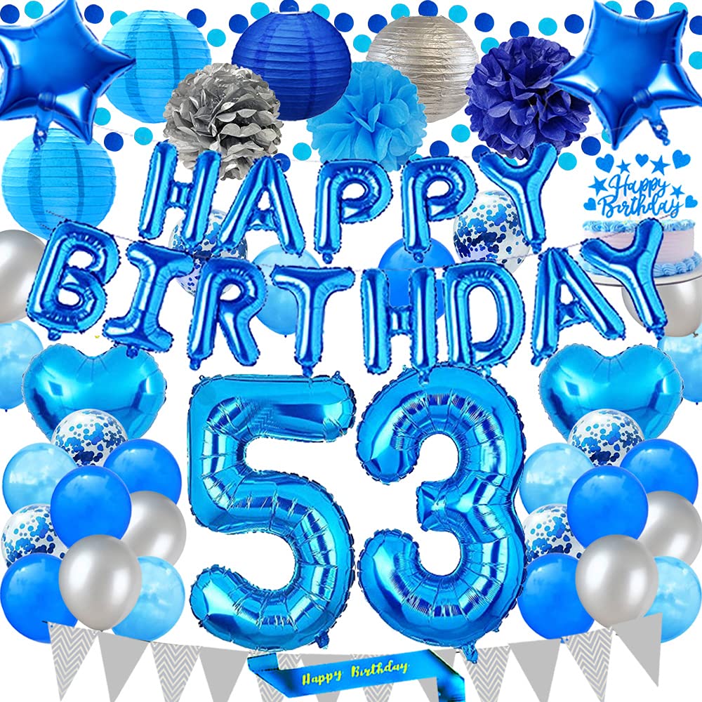 53rd Birthday Party Decorations Set - Blue Happy Birthday Banner, Sash, Cake Topper & Balloons for 53 Years Old Celebration | Perfect for Milestone Birthday Parties, Retirement Celebrations & Anniversary Events