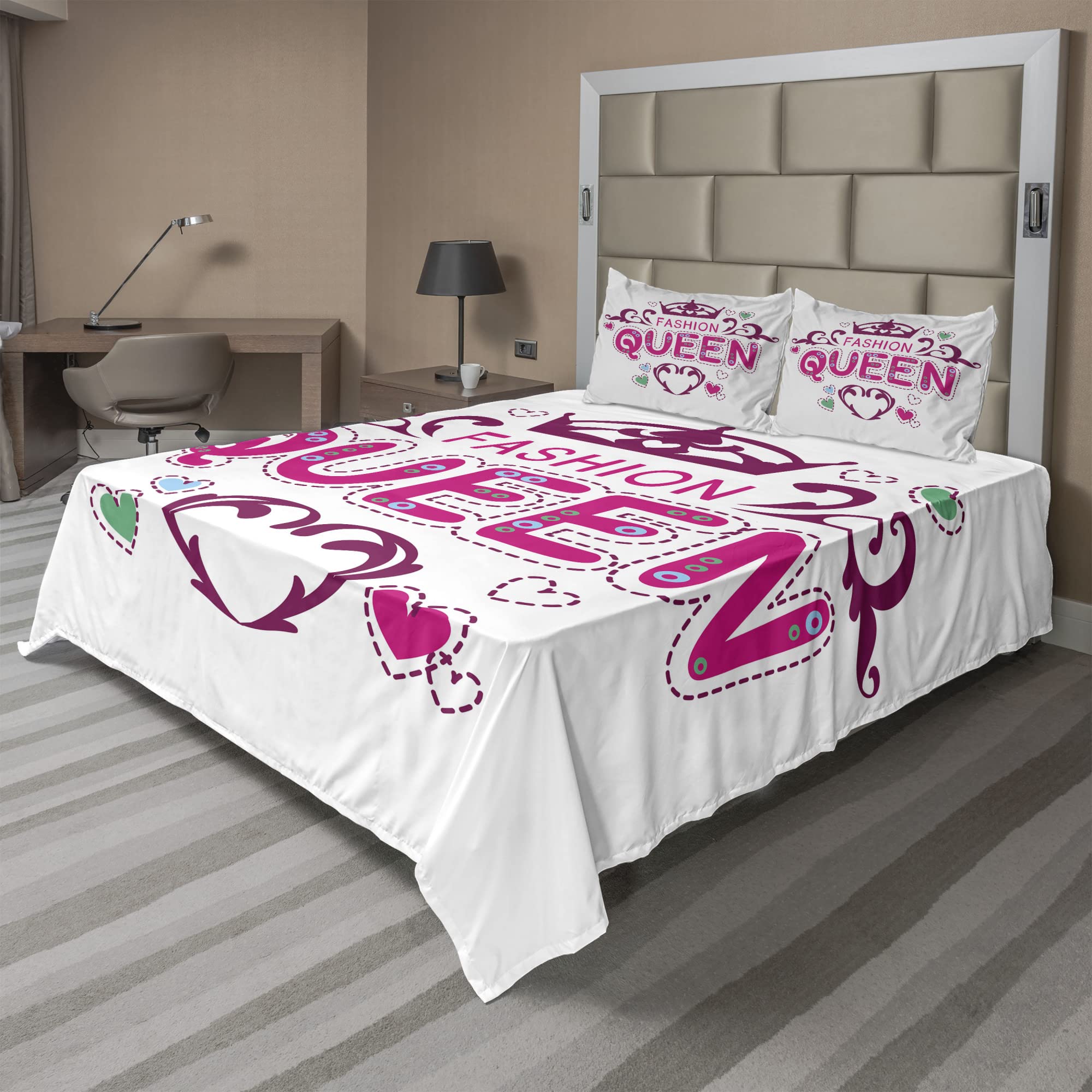 Ambesonne Queen Sheet Set 4-Piece - Girlish Floral Heart Print Fashion Bedding with Lettering, Fitted & Flat Sheets + Pillowcases, Full Size, Dried Rose Pink | Soft & Breathable for Girls' Bedroom, Dorm Room Decor, Gift Idea