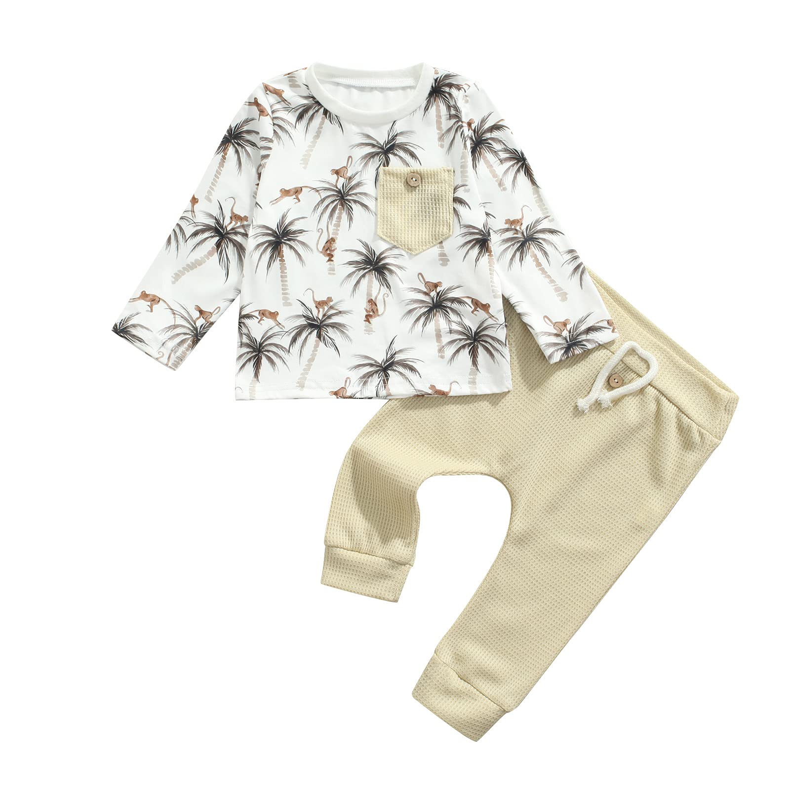 Adorable Fall Outfit for Toddler Boys - Monkey Print Long Sleeve Pullover & Solid Waffle Pants 2-Piece Set | Perfect for Autumn Playdates, Family Photos & Seasonal Adventures