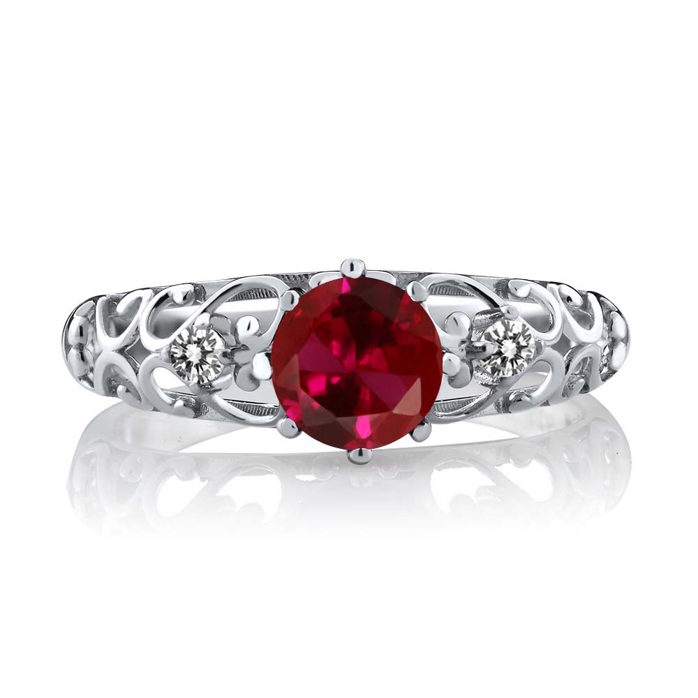1.12 Ct Round Red Created Ruby & White Diamond 925 Sterling Silver Ring for Women | Elegant Wedding, Engagement, Anniversary Gift | Gem Stone King