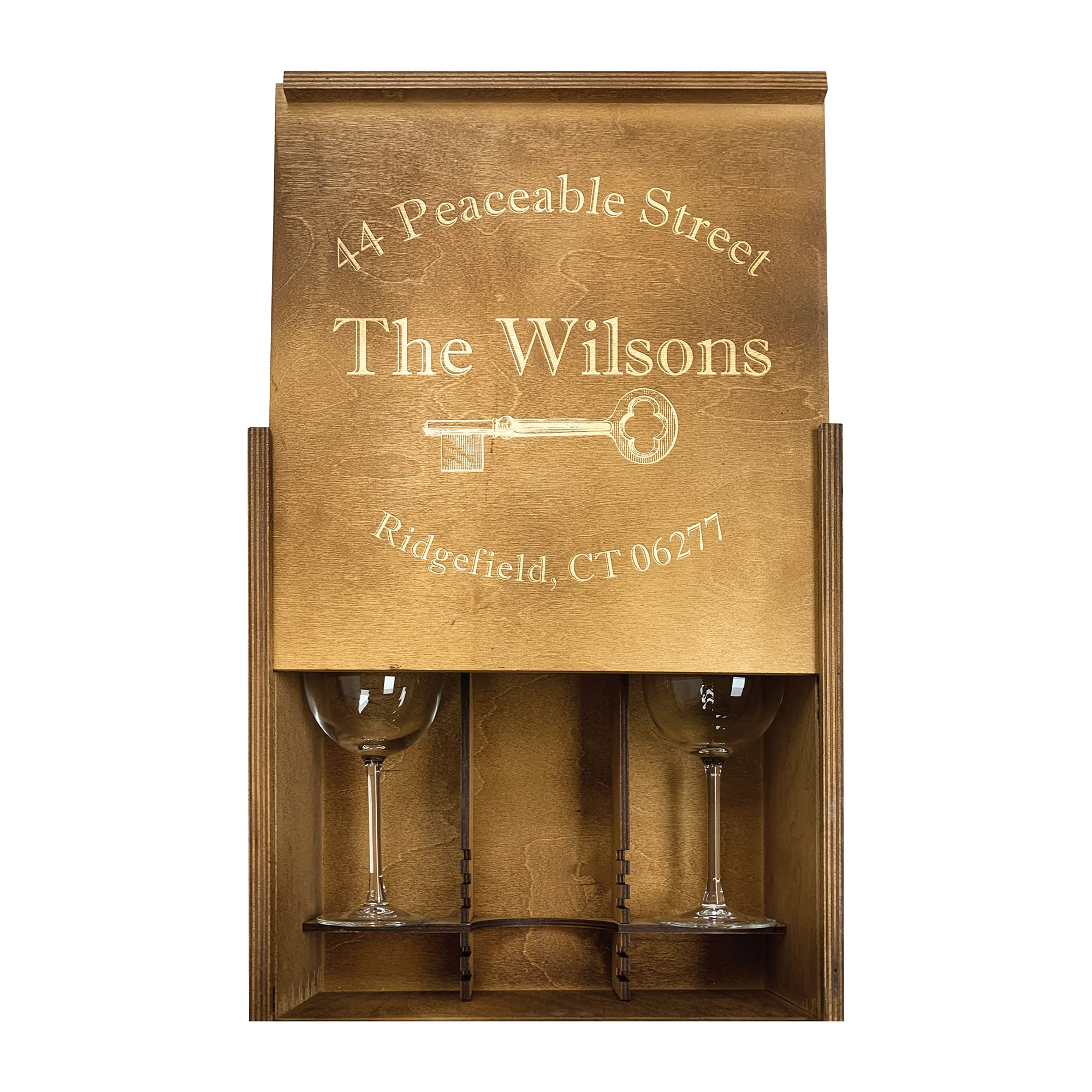 Personalized Engraved Wooden Wine Gift Box with Homeowner Key - Elegant Stained Finish - Perfect for Housewarming, Anniversary & Wedding Gifts