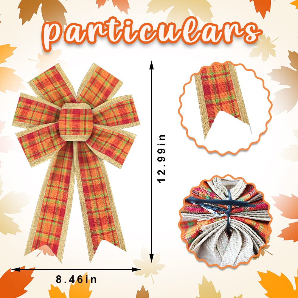 2 Pack Fall Wreath Bows - Red Orange Buffalo Plaid Thanksgiving Bows with Burlap Trim for Autumn Door Decor, Holiday Home Decorations | Perfect for Front Door, Mantel & Thanksgiving Table Centerpieces