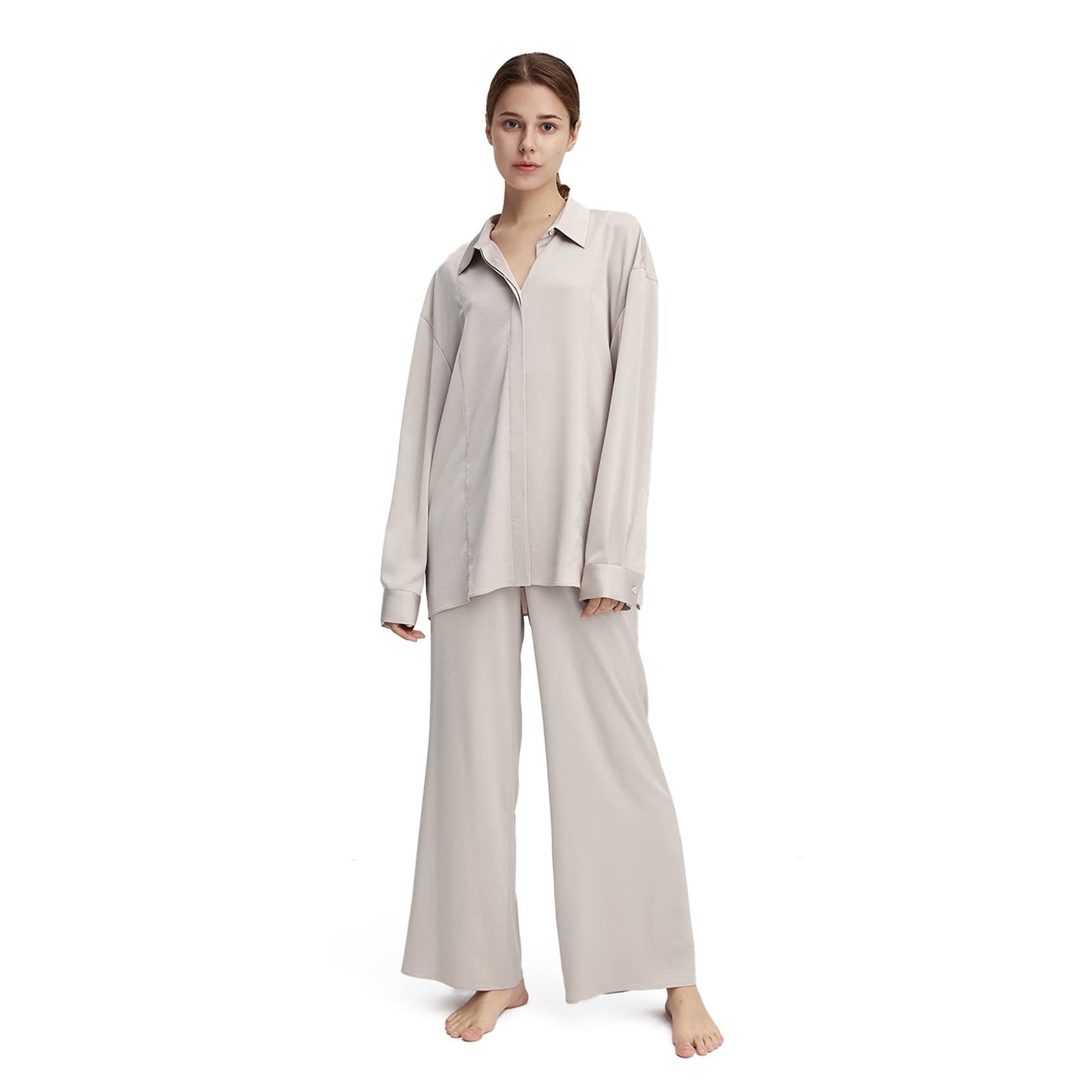 Women's Soft Long Sleeve Button-Down Pajama Set with Comfortable Trousers - Cozy Loungewear for Sleep, Relaxing at Home & Spa Days