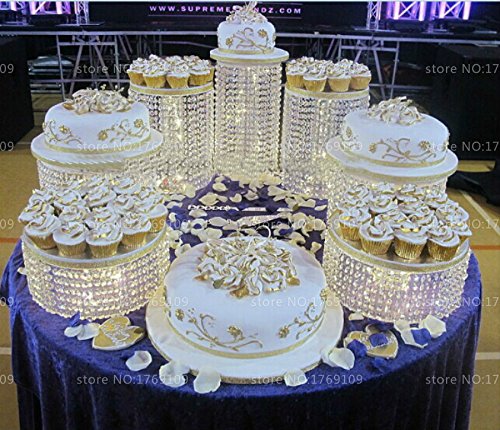 7-Piece Round Acrylic Crystal Asian Style Chandelier Cake Stand Set with White Lights - Perfect for Wedding Dessert Displays, Party Centerpieces & Home Decor