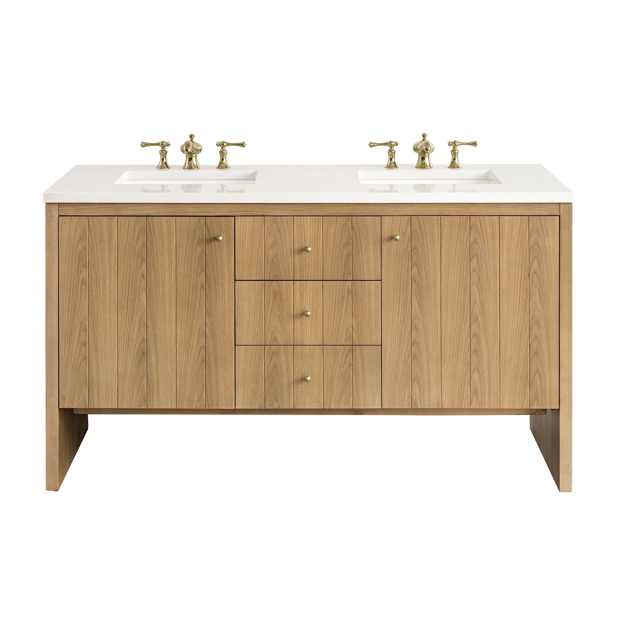 Hudson 60 Inch Double Vanity with White Zeus Quartz Top in Light Natural Oak Finish - Perfect for Modern Bathroom Renovation and Master Suite Upgrades