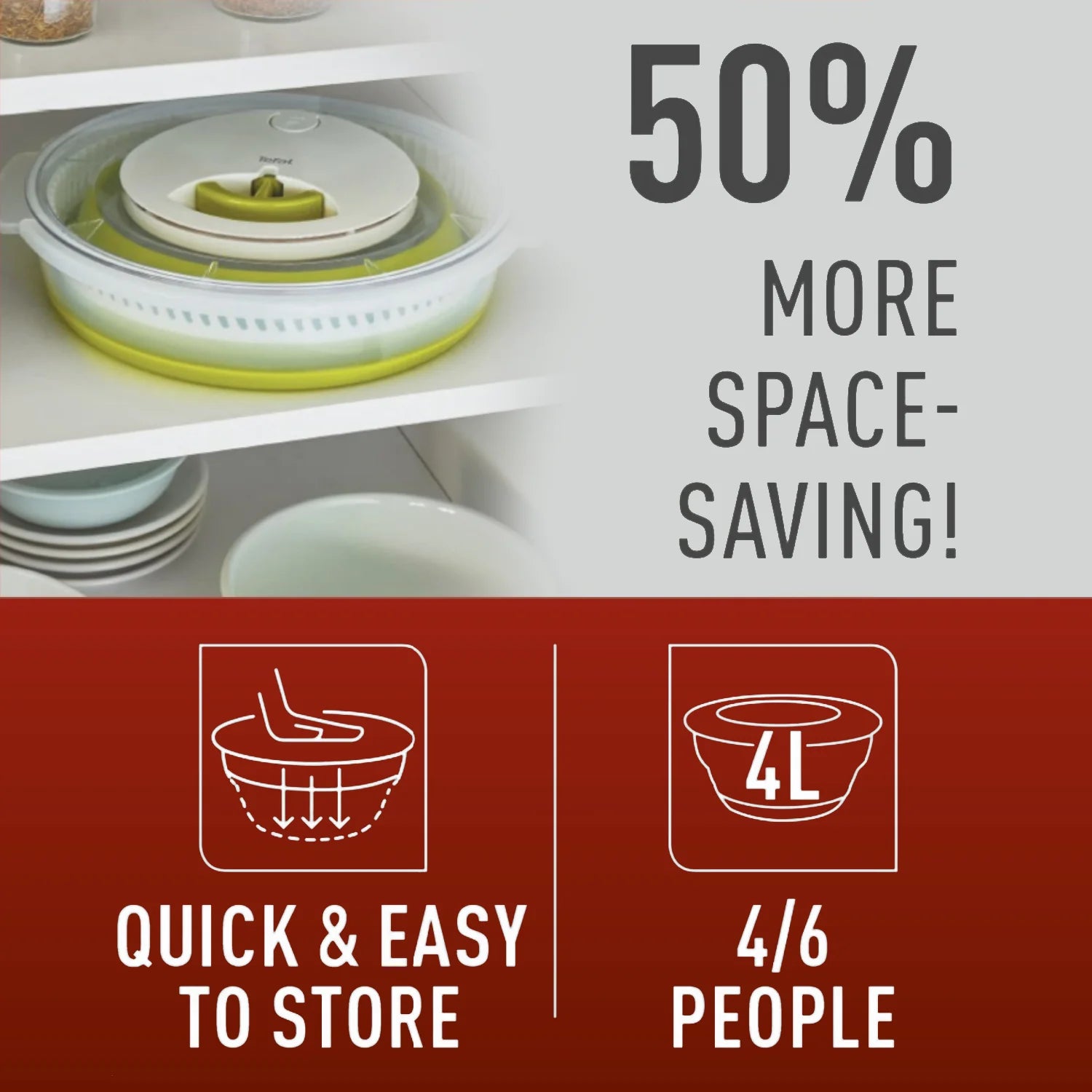 Tefal K2520155 Collapsible Salad Spinner 4L - Space Saving Kitchen Gadget for Fresh Greens, Herbs & Vegetables | Perfect for Meal Prep, Healthy Eating & Small Kitchens