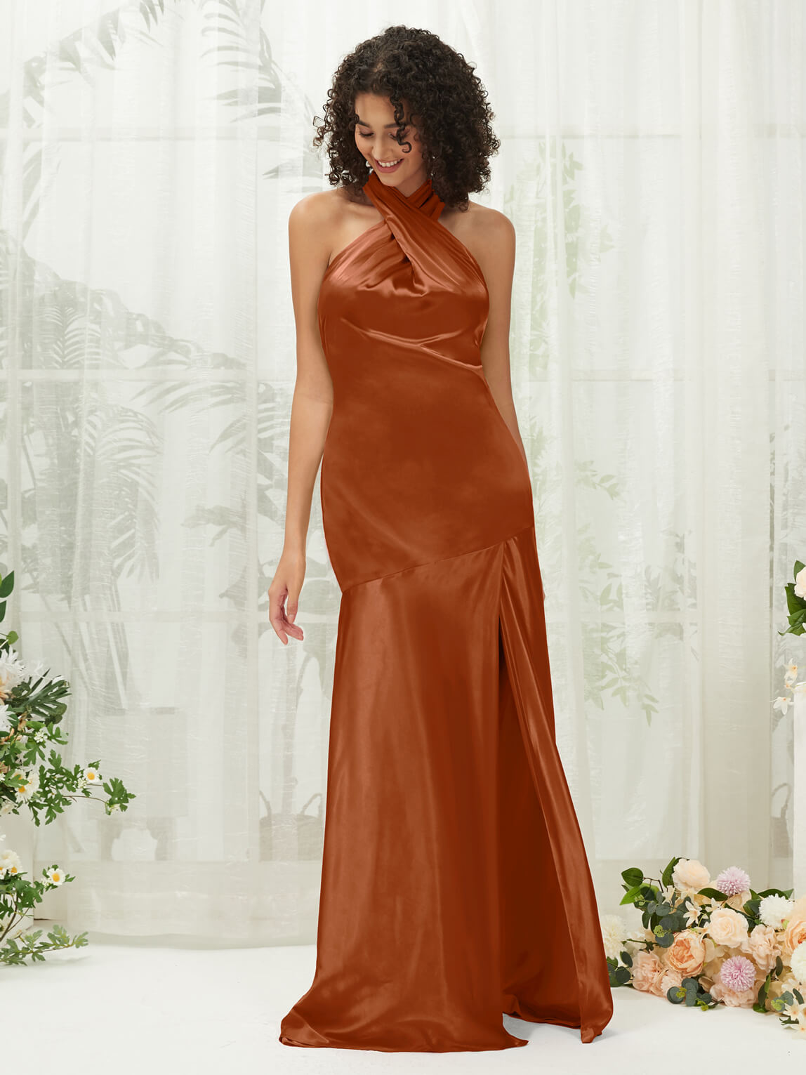 Elegant Cooper Satin Halter Neck Sleeveless Maxi Bridesmaid Dress with High Slit - Perfect for Weddings, Formal Events & Evening Parties