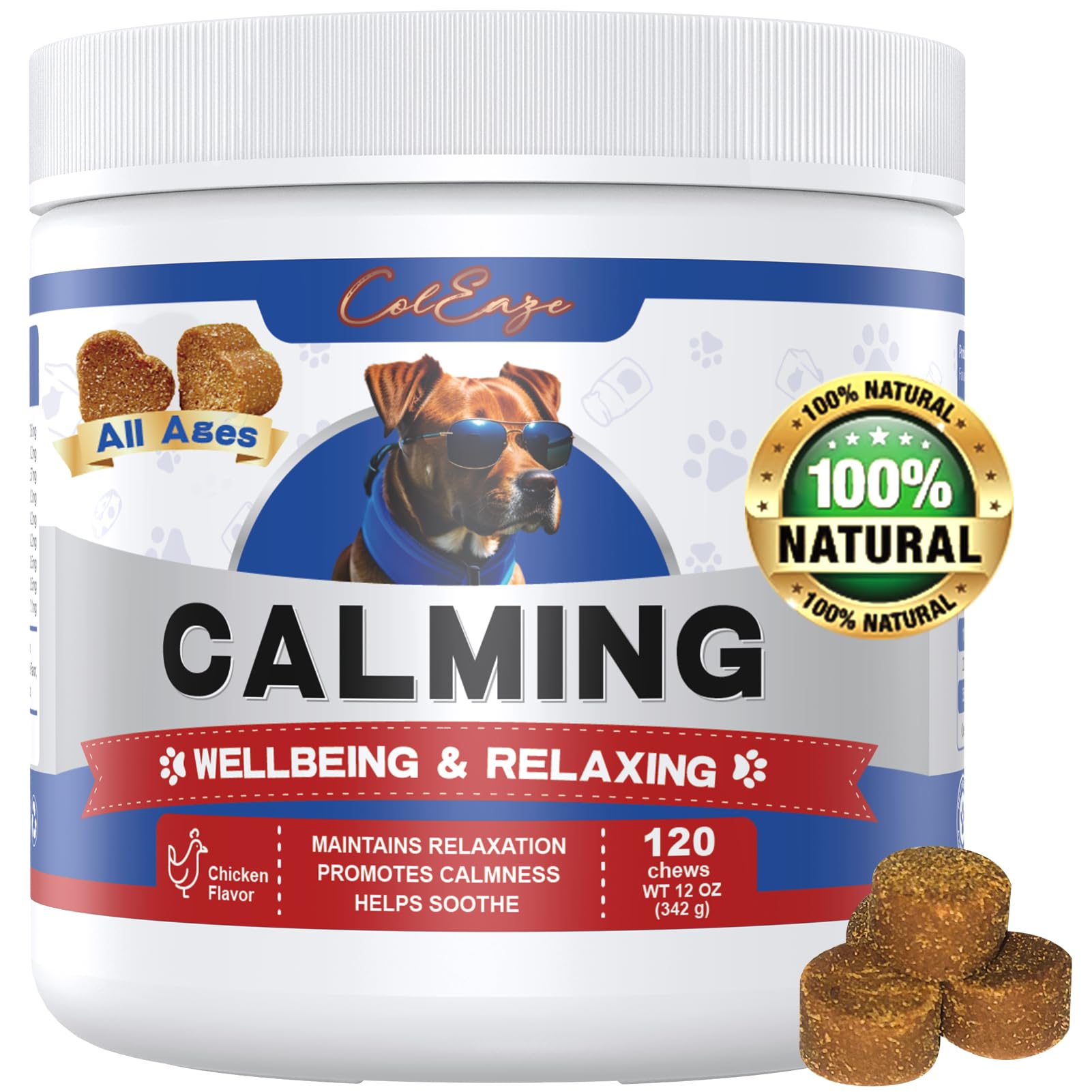 Natural Calming Chews for Dogs - Anxiety Relief Treats with Chicken Flavor (120 Count) - Perfect for Thunderstorms, Travel & Separation Anxiety