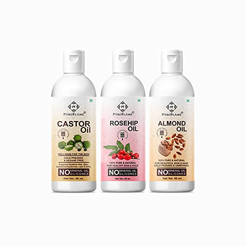 PuriFlame 100% Pure Castor Oil, Rosehip Oil & Sweet Almond Oil Combo (50ML Each) - Natural Hair Growth Treatment for Thicker, Stronger Hair | Reduces Hair Fall & Split Ends | Promotes Soft, Shiny Locks | Perfect for Daily Hair Care Routine & Scalp Massage