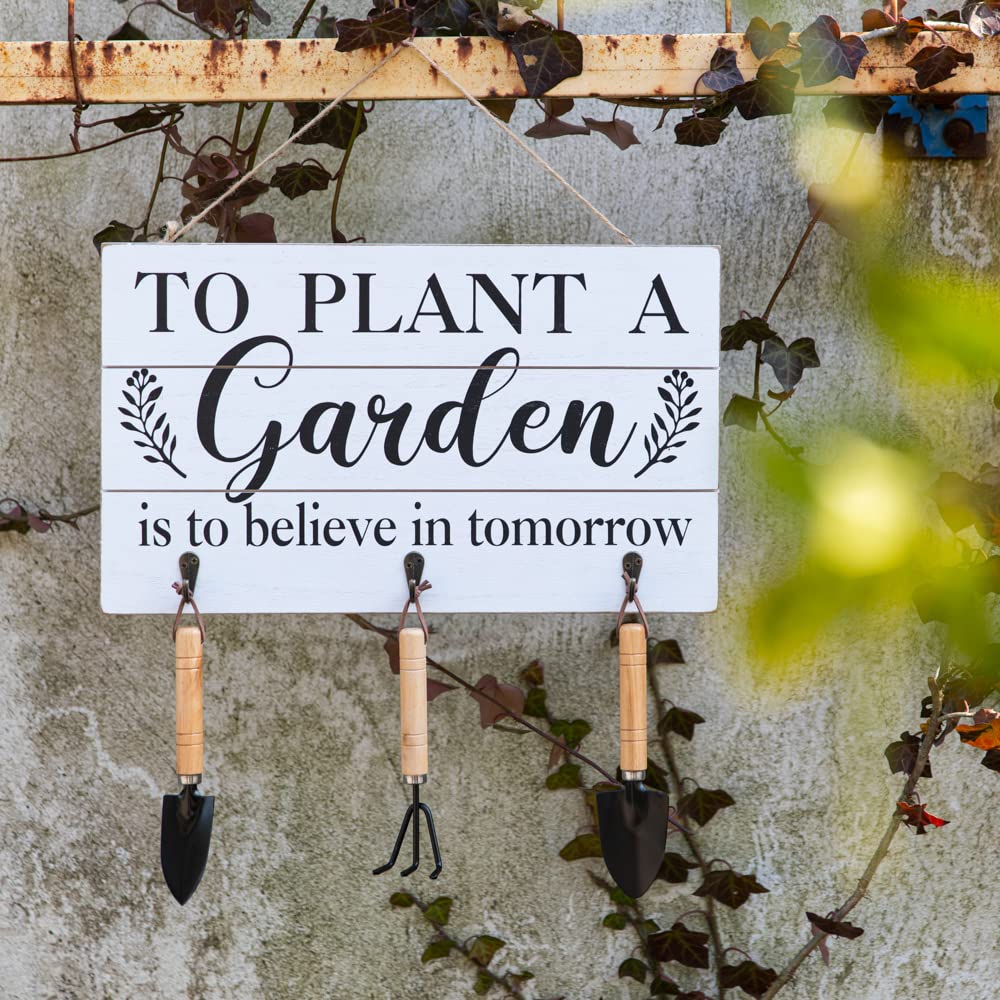 COLLECTIVE HOME - 3-Piece Garden Decor Set with Wood Hanging Signs & Tools, Outdoor Wall Art with Hooks (15.75