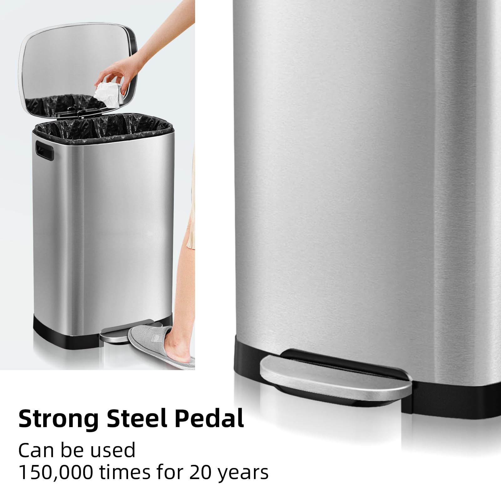 13 Gallon Stainless Steel Trash Can with Lid - 50L Fingerprint Proof Kitchen Garbage Bin, Removable Inner Bucket & Soft Close Pedal - Ideal for Home, Office & Restaurant Use