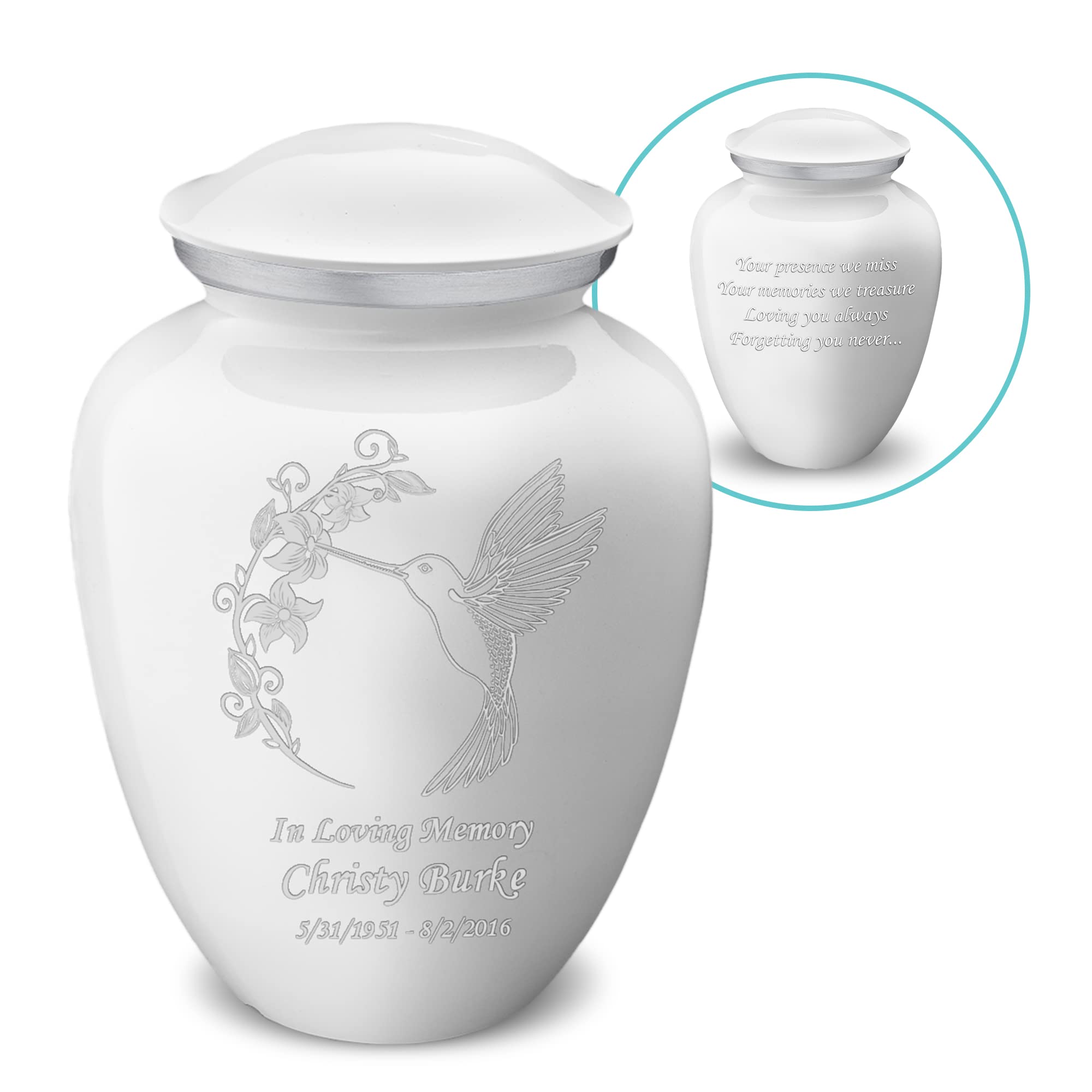 Personalized Hummingbird Cremation Urn for Adults - Large White Funeral Urn for Ashes with Double-Sided Engraving - Holds 200 lbs - Perfect for Memorial Services & Home Display
