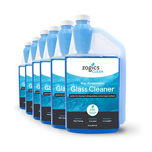 Zogics Non-Ammoniated Glass Cleaner Concentrate - 6 Pack (32 oz Each) - Makes 10 Gallons per Bottle - ECOLOGO Certified - Ideal for Commercial Windows, Mirrors & Glass Surfaces