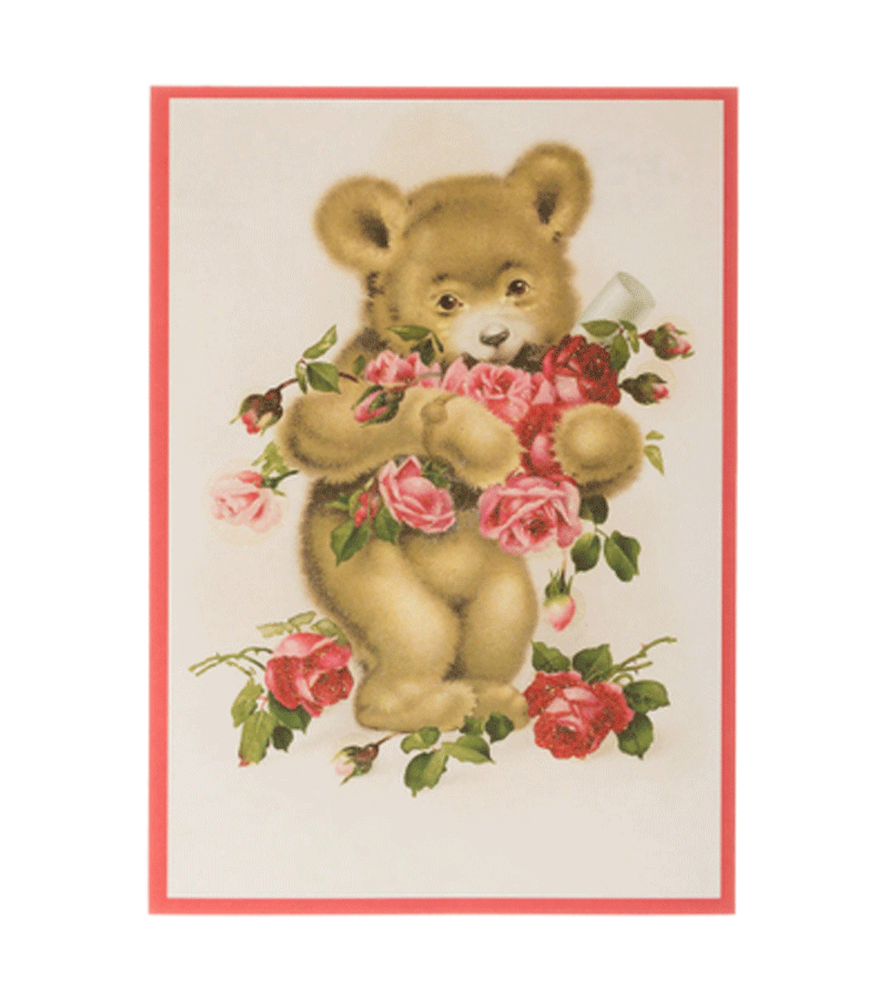Vintage Glitter Greeting Card - Cute Bear with Roses Design, Large Size for Scrapbooking, DIY Crafts, and Wall Decor