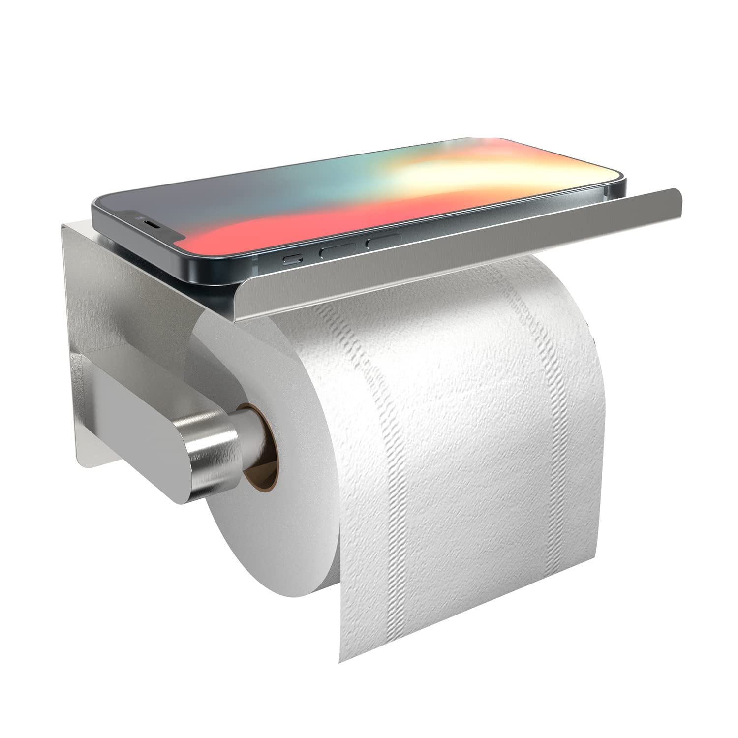 Stick-On Toilet Paper Holder with Phone Shelf - Wall Mounted Bathroom Tissue Roll Holder - Rustproof & Space-Saving - Perfect for Small Bathrooms, RVs & Apartments - Silver