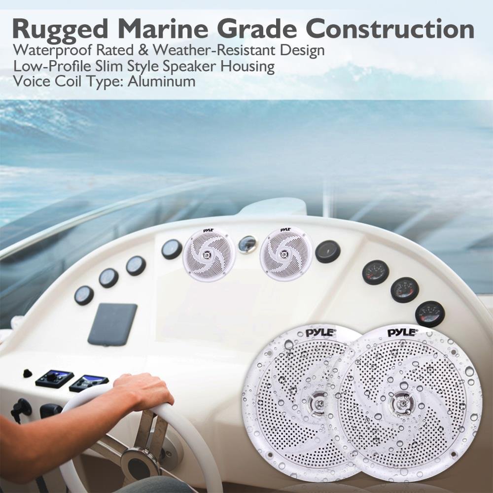 Pyle Marine Speakers - 5.25 Inch 2-Way Waterproof Weather Resistant Outdoor Stereo Sound System with 180W Power, Slim Low Profile Design - 1 Pair (White) - Perfect for Boats, Pools, and Patios